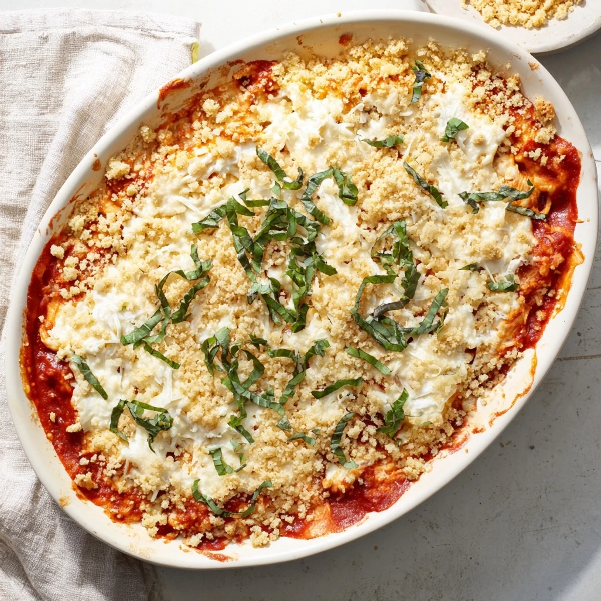 Golden, bubbly Keto Chicken Parmesan Casserole topped with melted mozzarella and fresh basil, served hot.