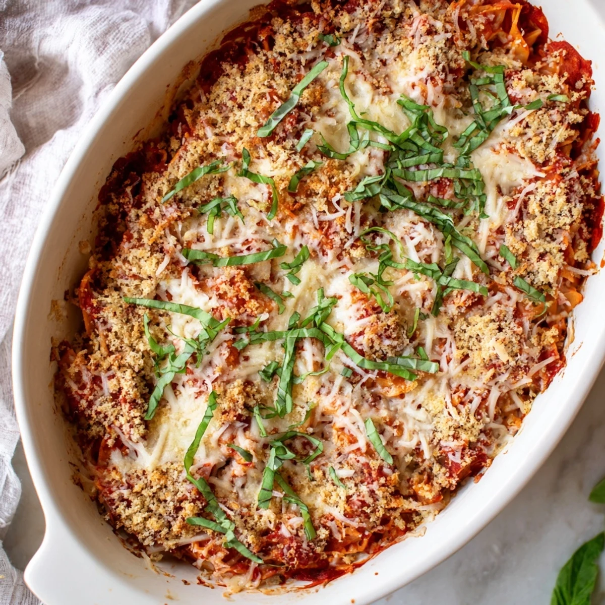 A spoon scoops into a cheesy, low-carb Keto Chicken Parmesan Casserole with rich marinara sauce.