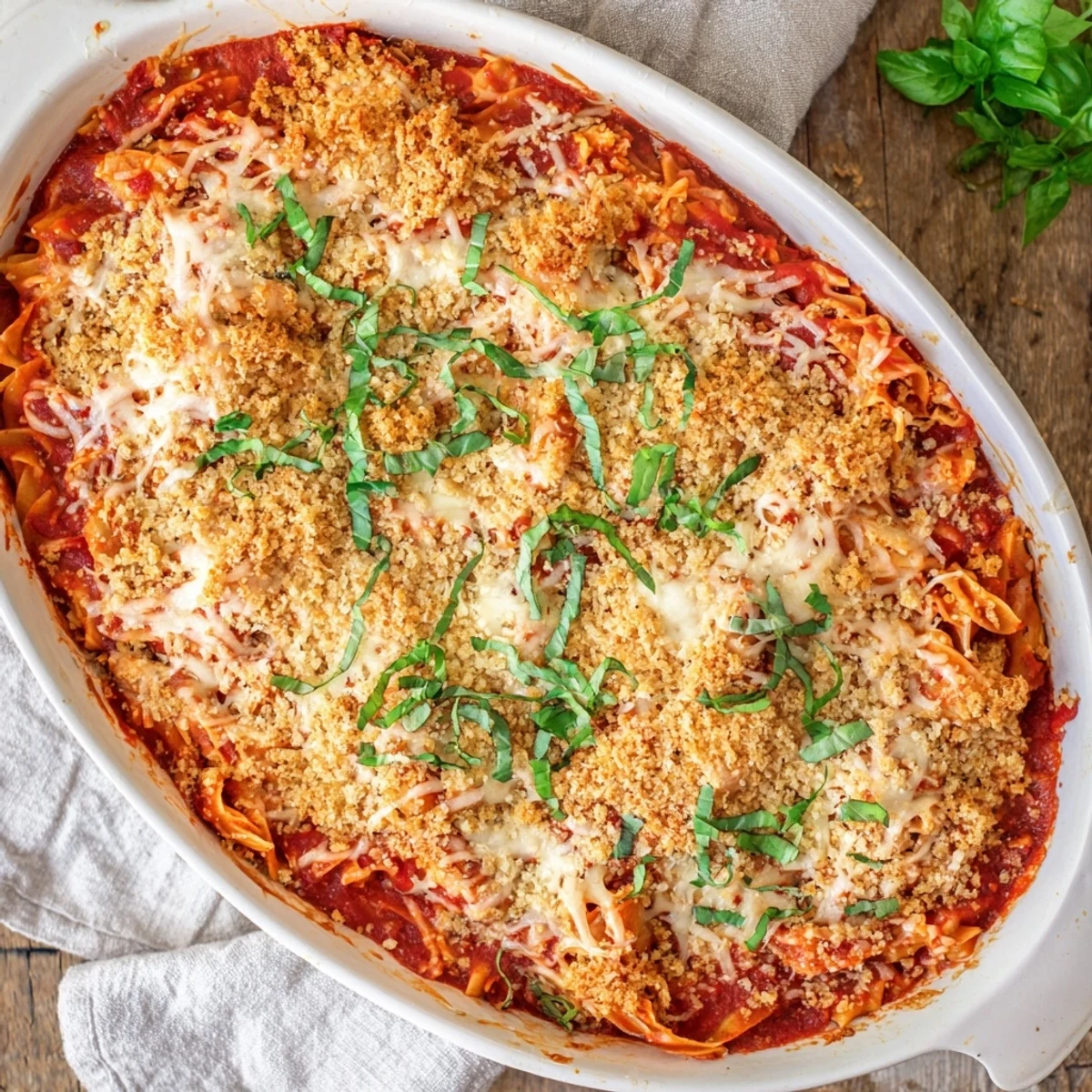 Bubbling Keto Chicken Parmesan Casserole in a baking dish, garnished with basil and ready to serve.