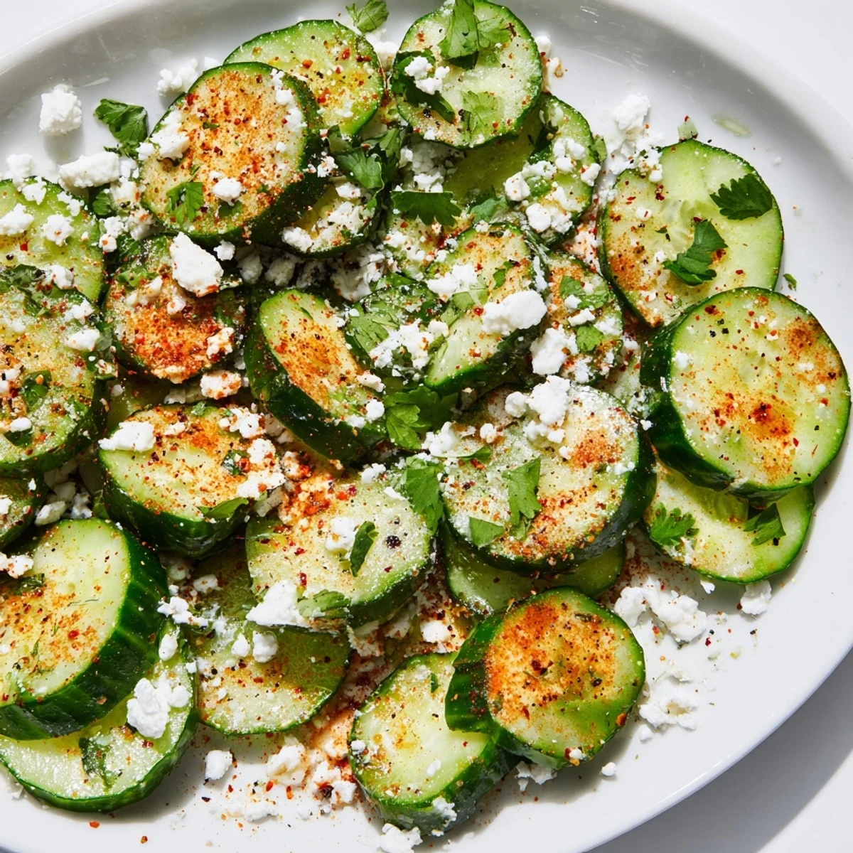 Fresh slices of Mexican Style Cucumbers glisten with lime juice and chili powder, served in a bright bowl.