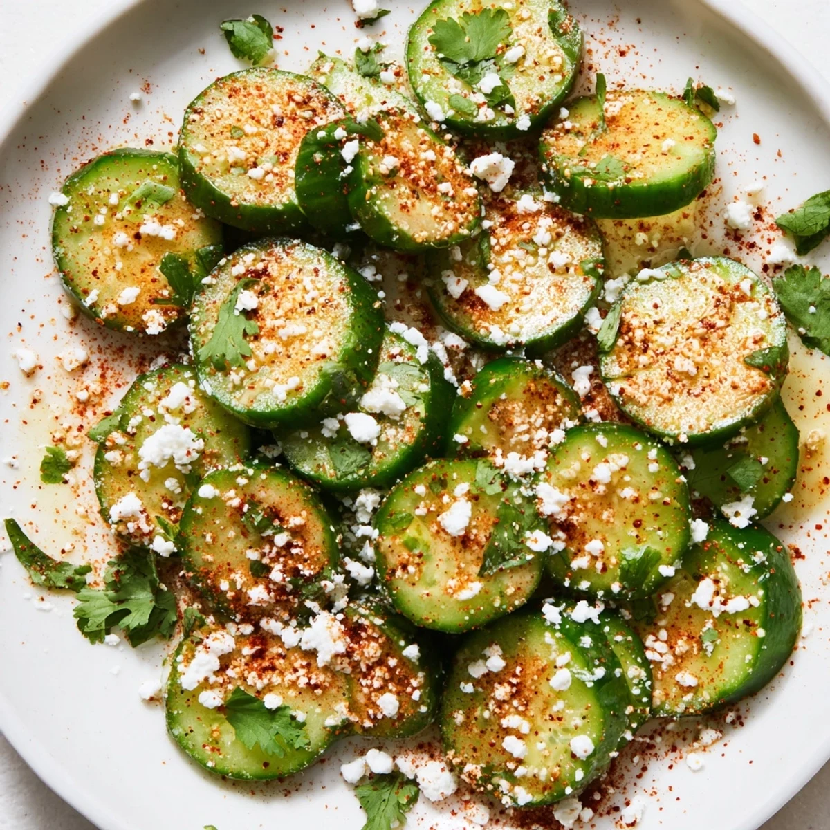 A close-up view of Mexican Style Cucumbers garnished with cilantro and cotija cheese, perfect for summer snacking.