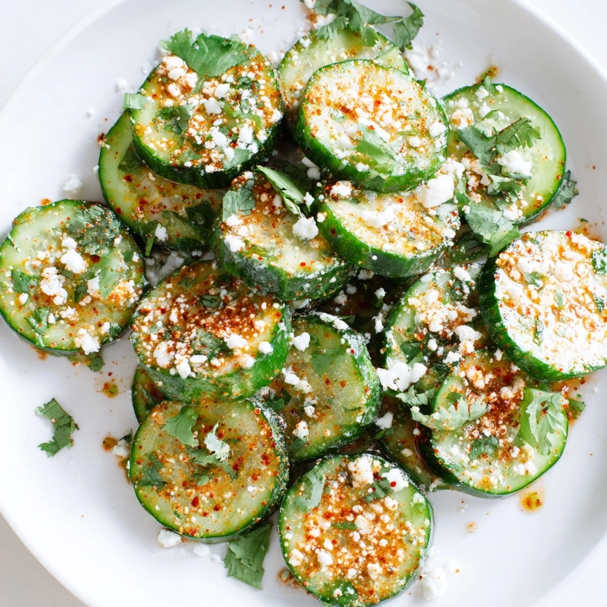 Zesty Mexican Style Cucumbers in a rustic serving dish, featuring crisp rounds coated in lime and chili seasoning.