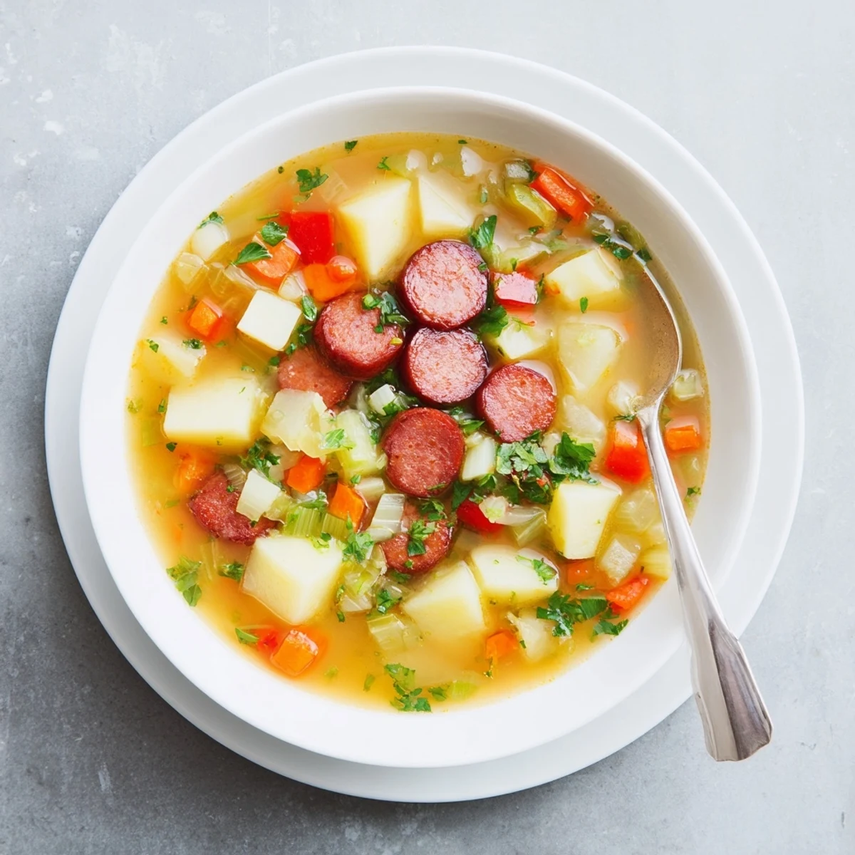 A steaming bowl of Spanish Potato Soup with Chorizo garnished with fresh parsley and crispy sausage slices.