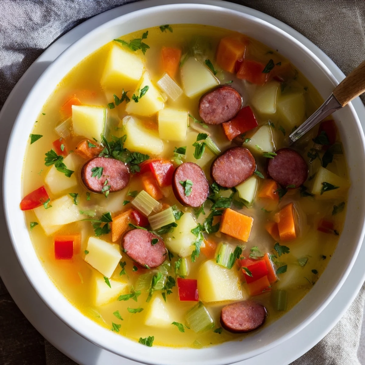 Close-up of Spanish Potato Soup with Chorizo featuring tender potatoes and a rich, smoky red broth.