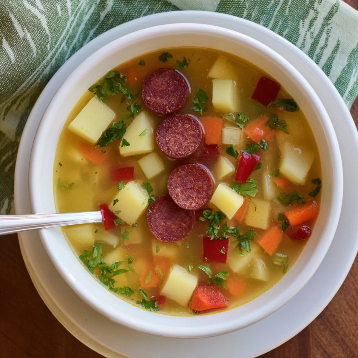 Spanish Potato Soup with Chorizo served in a rustic bowl, paired with crusty bread for dipping.