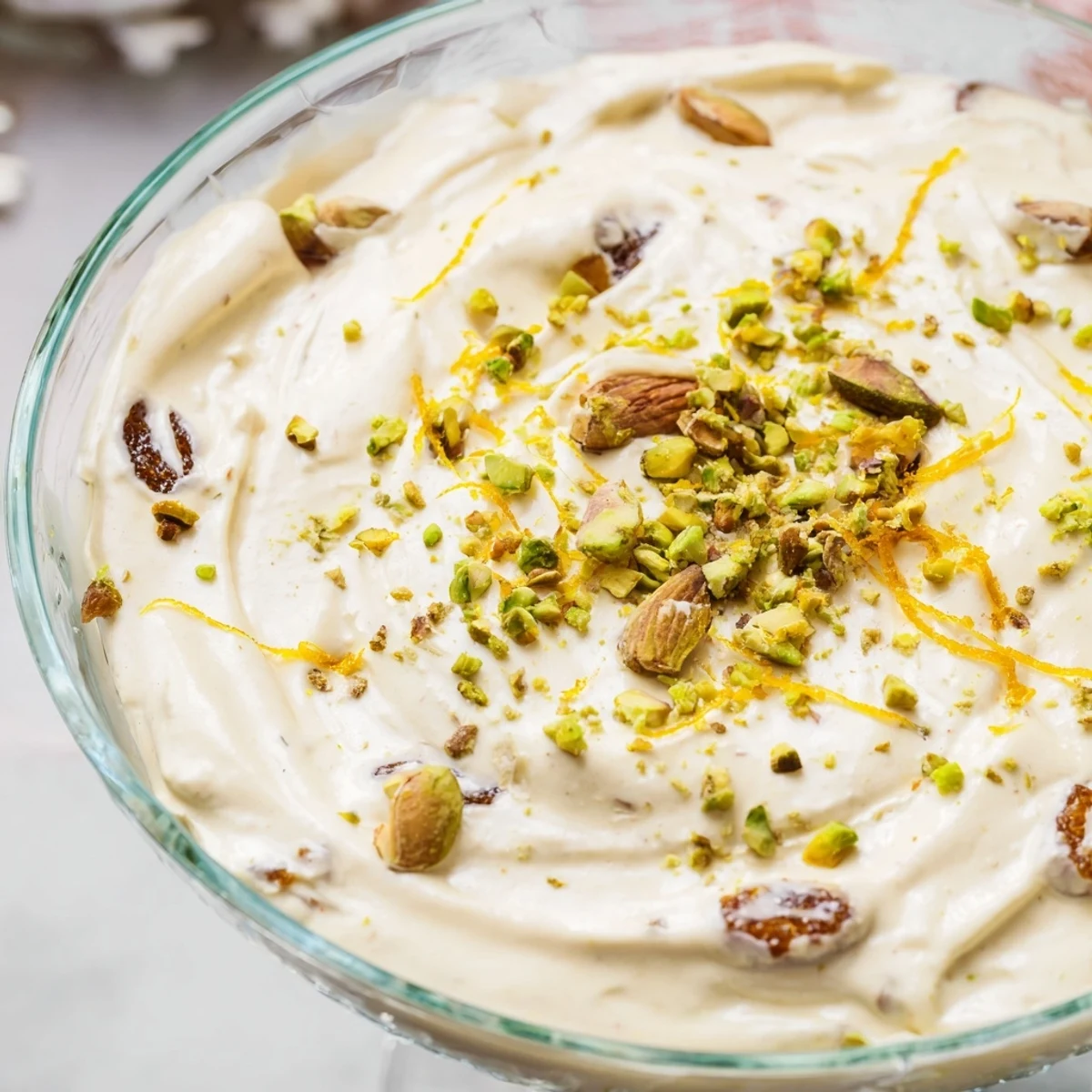 Creamy Lebanese Date Orange Blossom Mousse garnished with pistachios and orange zest in a glass.