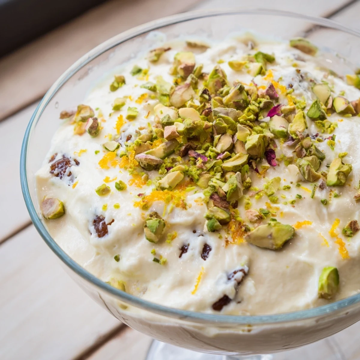 A spoon digs into chilled Lebanese Date Orange Blossom Mousse topped with sliced dates.