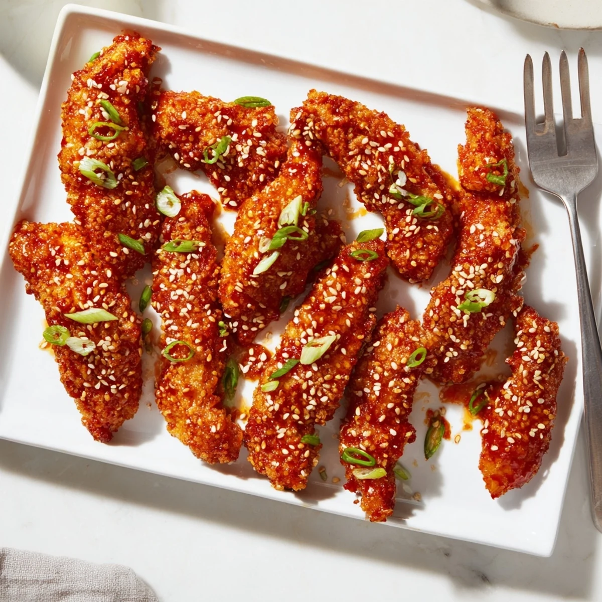 Piled high on a platter, Thai Sticky Chicken Fingers feature crispy panko coating and a spicy, sticky glaze.