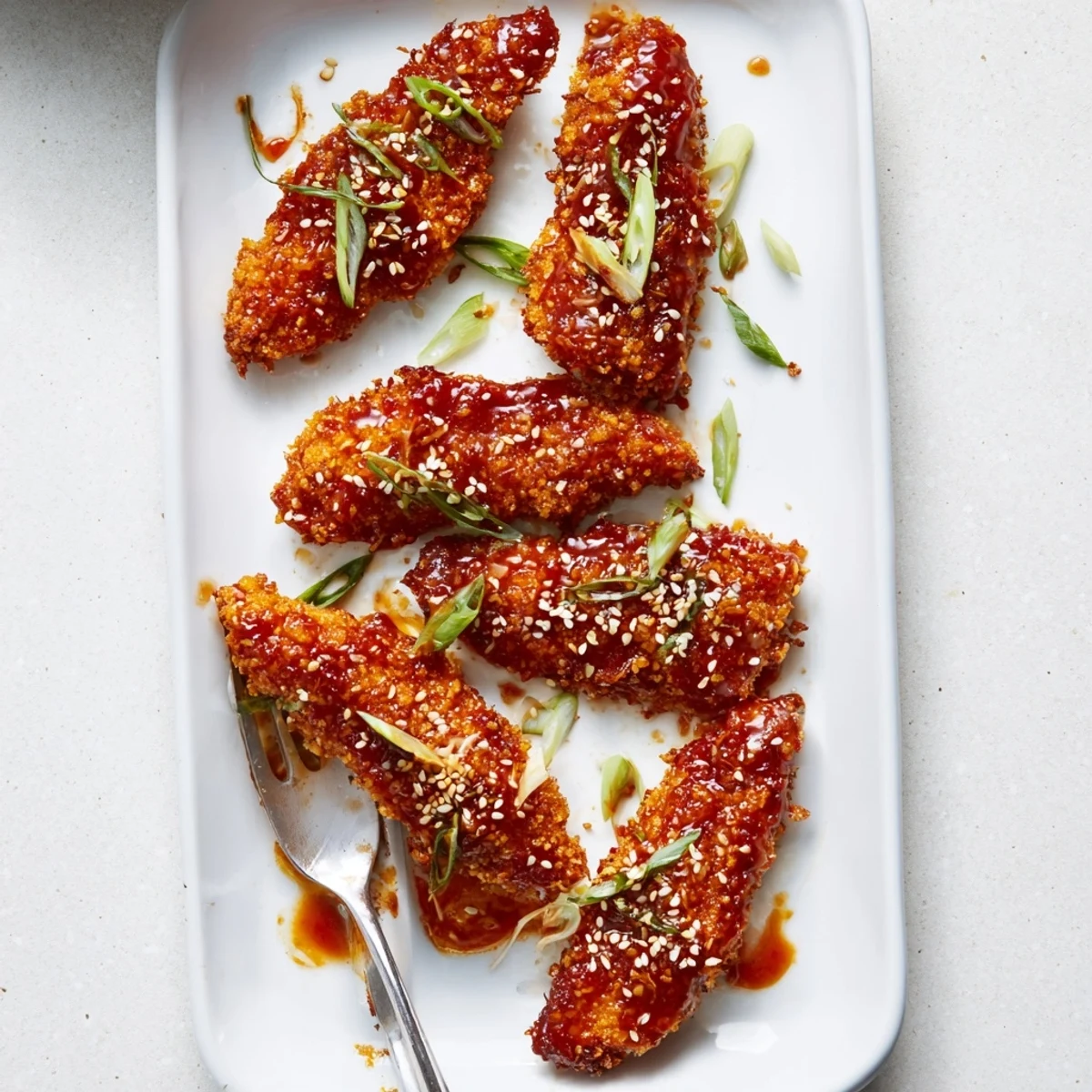 Golden-baked Thai Sticky Chicken Fingers glisten with sweet chili sauce, garnished with green onions and sesame seeds.