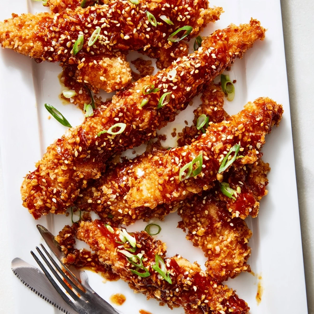 Served with jasmine rice, these Thai Sticky Chicken Fingers showcase tender chicken strips coated in a glossy ginger sauce.