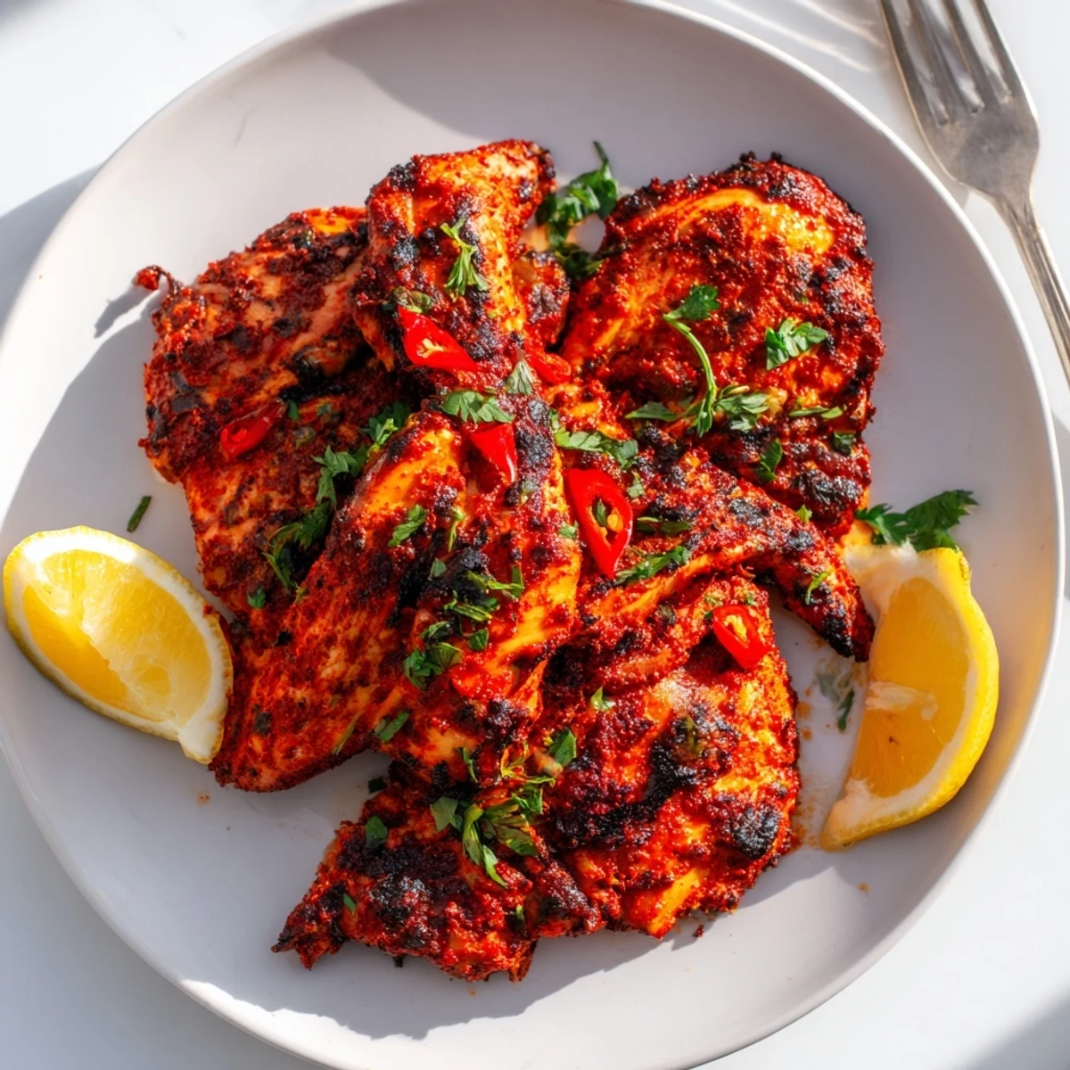 Golden charred peri peri chicken Portuguese style resting on a wooden cutting board with fresh parsley garnish and lemon wedges