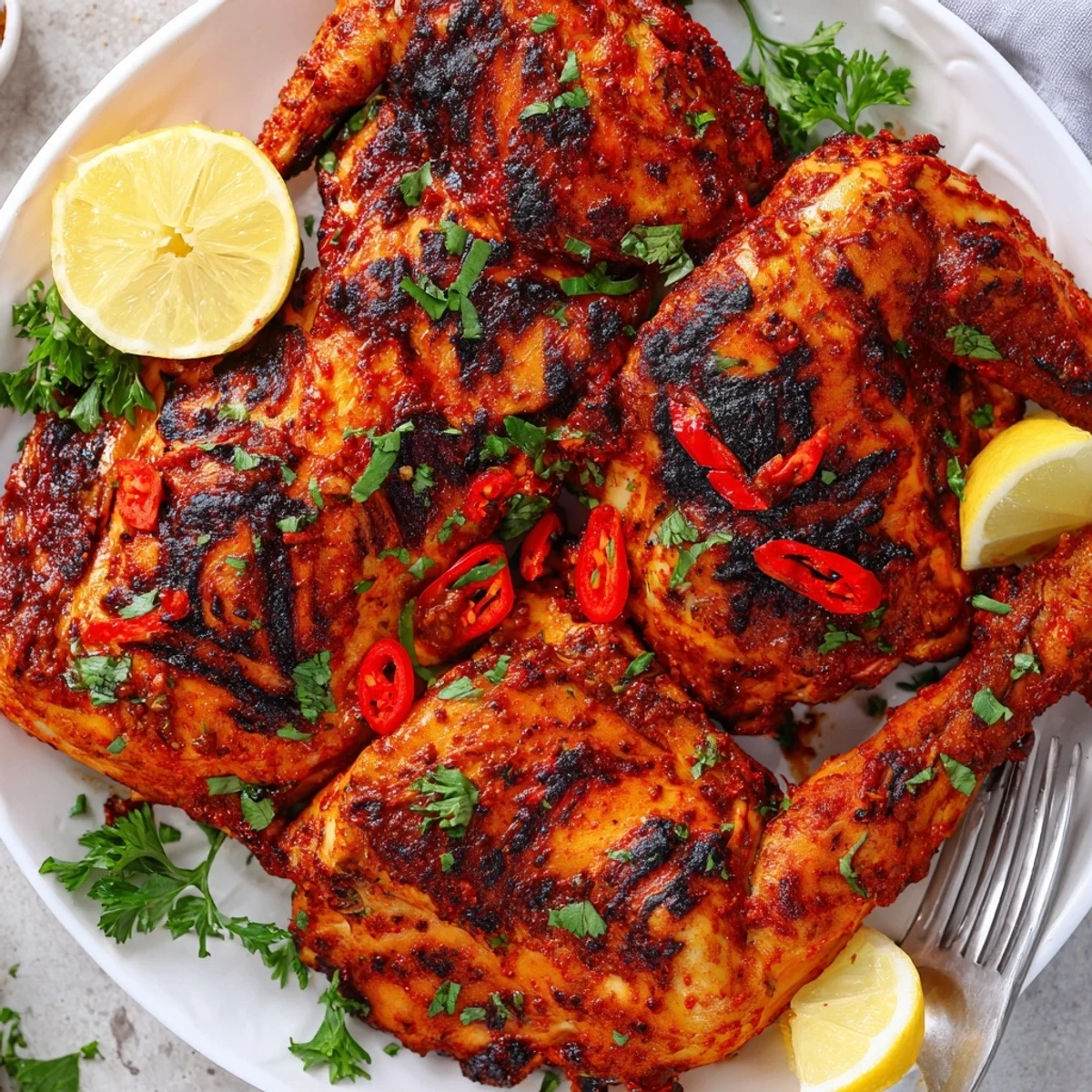 Spicy grilled peri peri chicken Portuguese style showcasing crispy caramelized skin brushed with vibrant red chili marinade