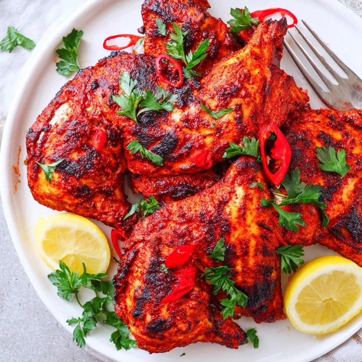 Sizzling peri peri chicken Portuguese style pieces arranged on a white serving platter with zesty lemon slices and herb sprinkles