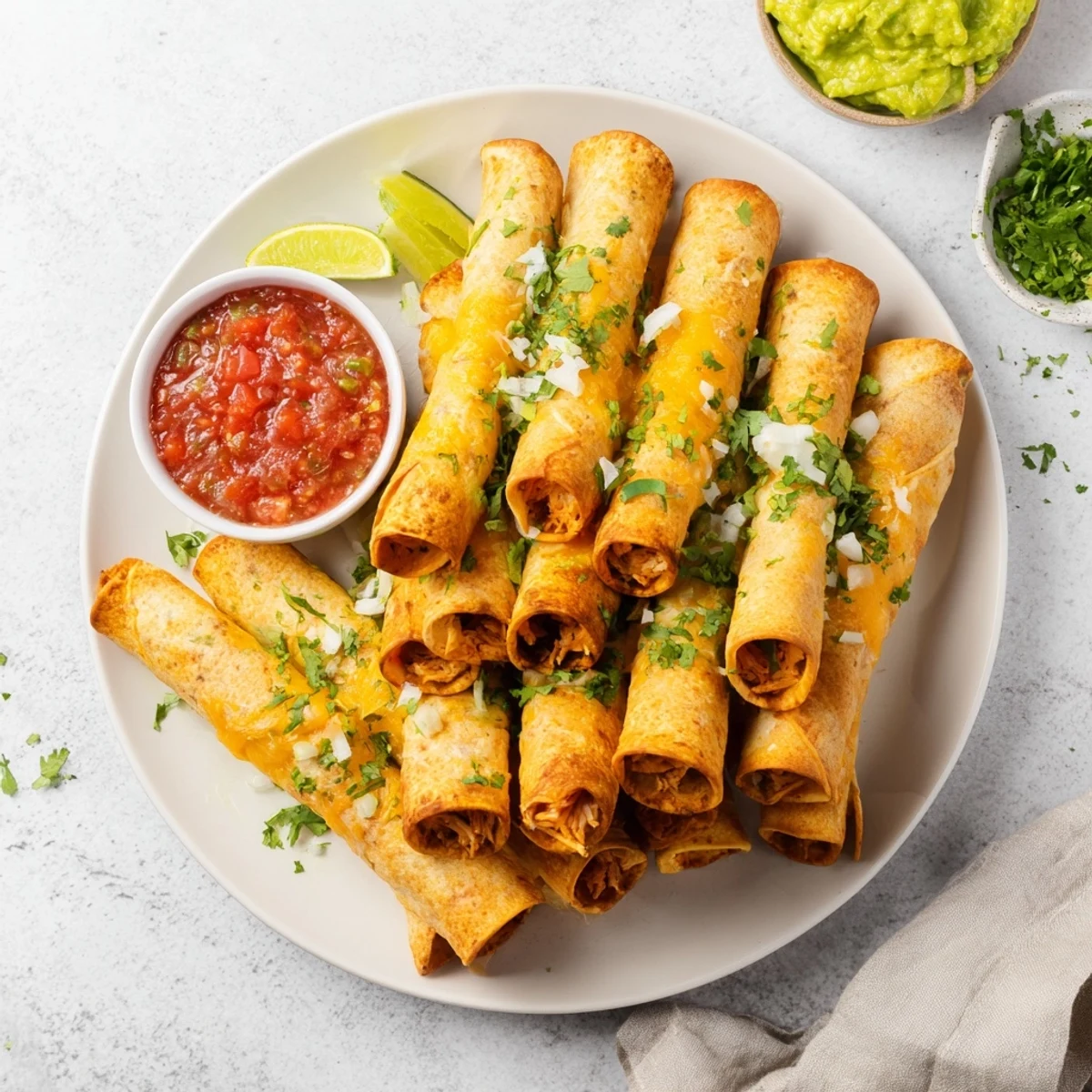 Golden brown crispy chicken taquitos filled with melted cheese and seasoned shredded chicken