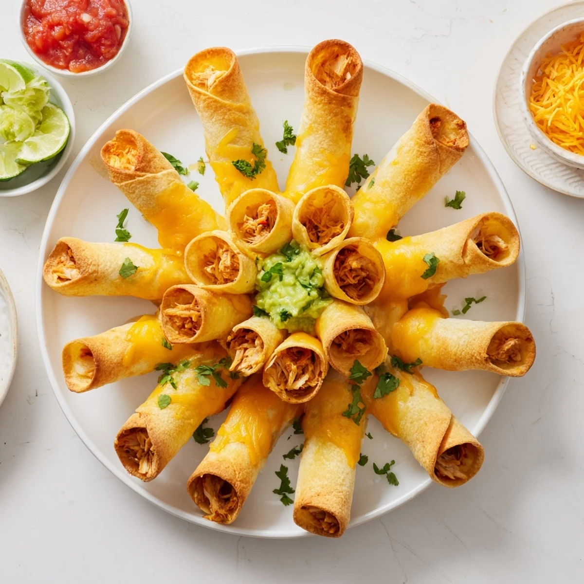 Baked crispy chicken taquitos arranged on serving platter with guacamole, salsa and sour cream