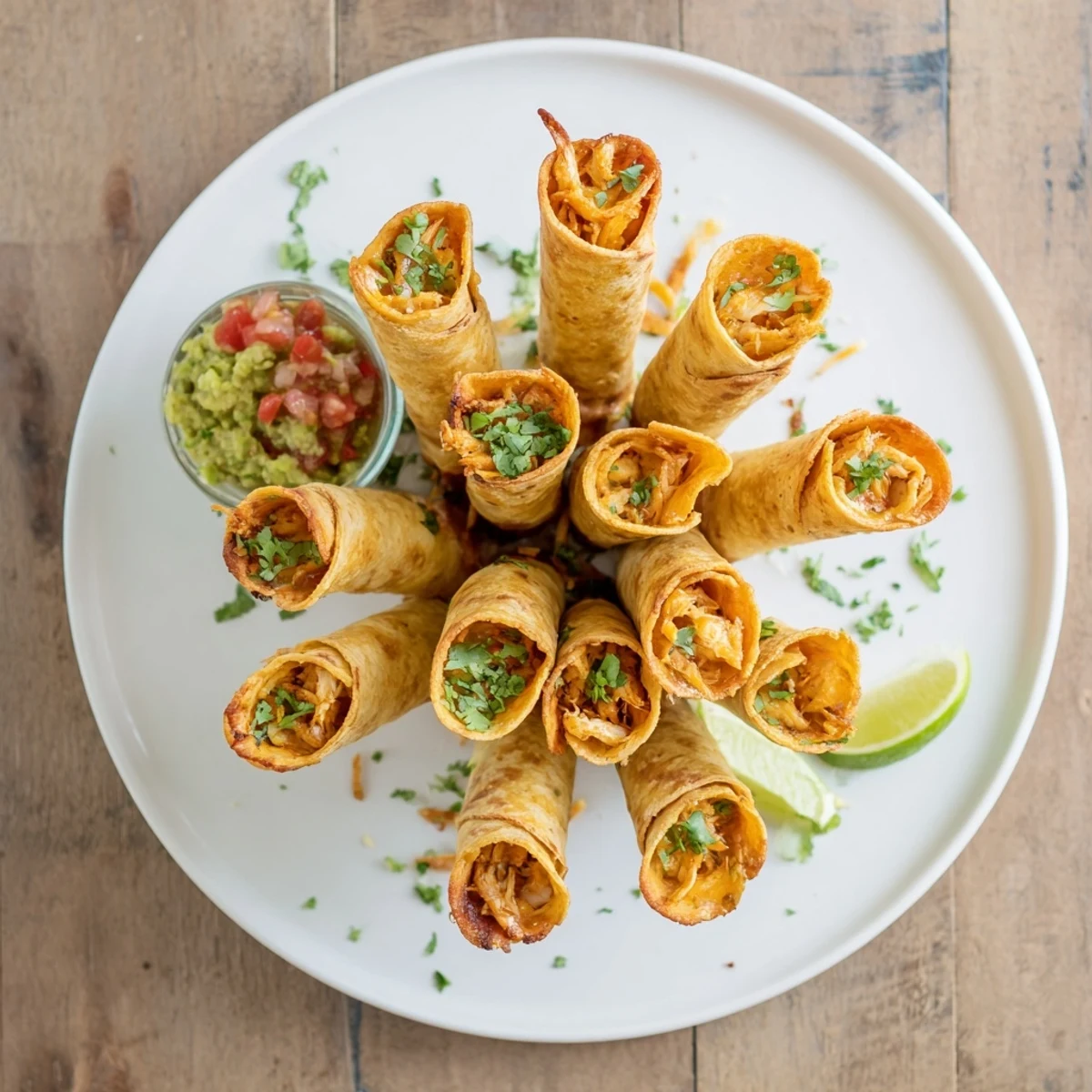 Close-up of crunchy fried crispy chicken taquitos displaying flaky golden tortilla texture and chicken filling