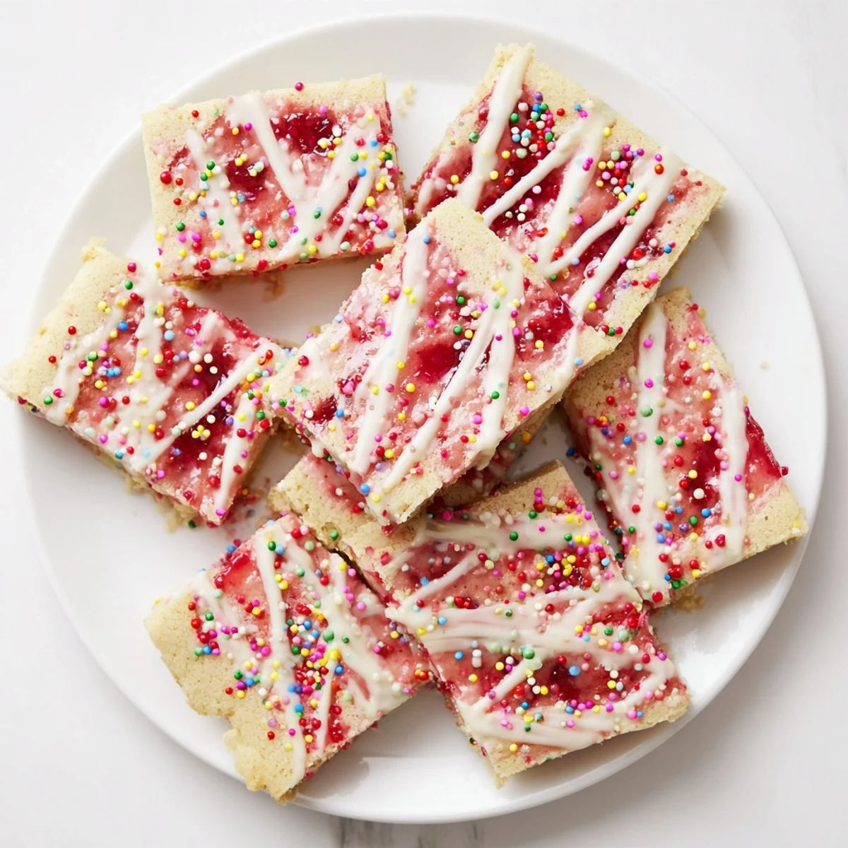Golden poptart cookie bars with strawberry jam layer topped with white glaze and rainbow sprinkles
