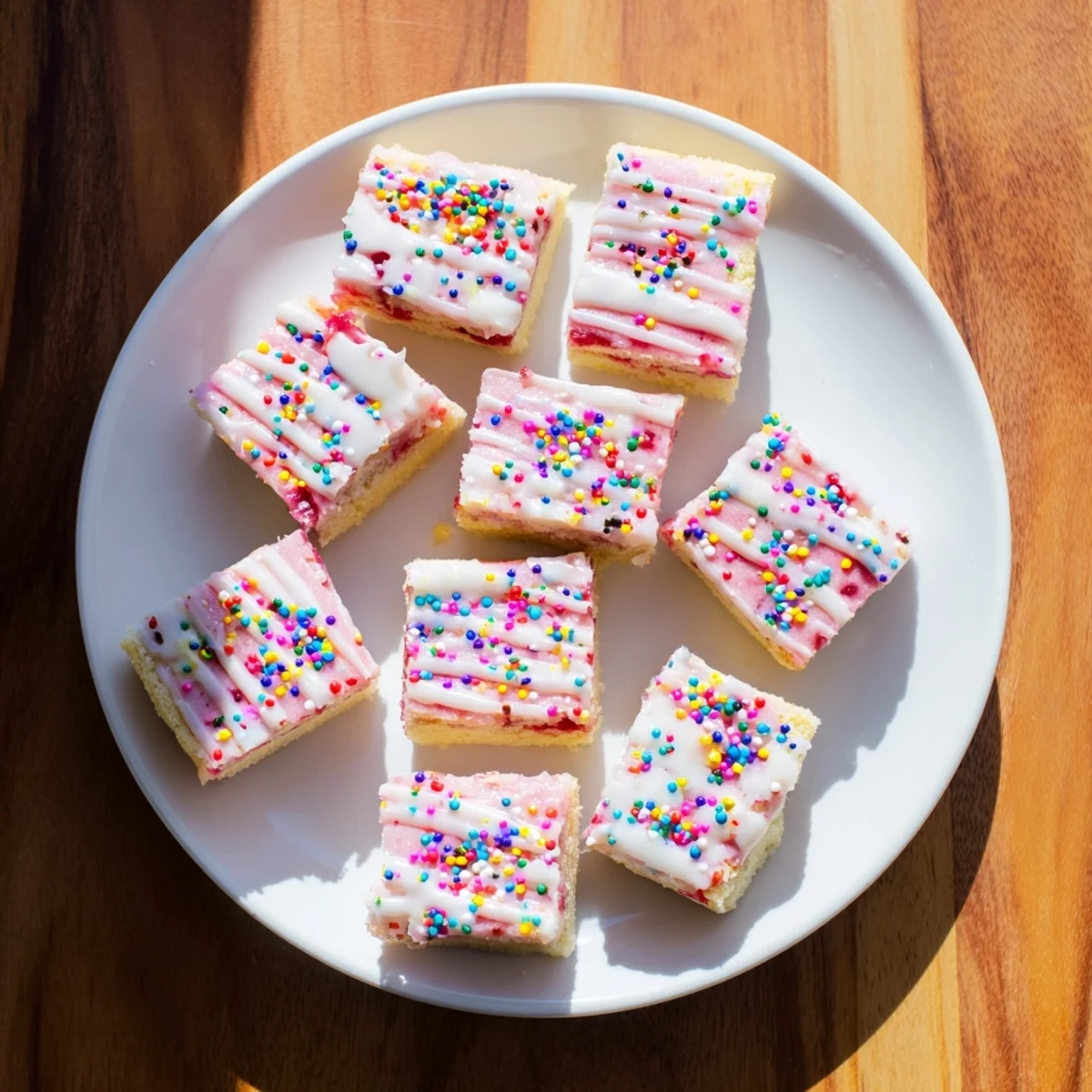 Square poptart cookie bars drizzled with vanilla glaze and festive sprinkles on serving platter