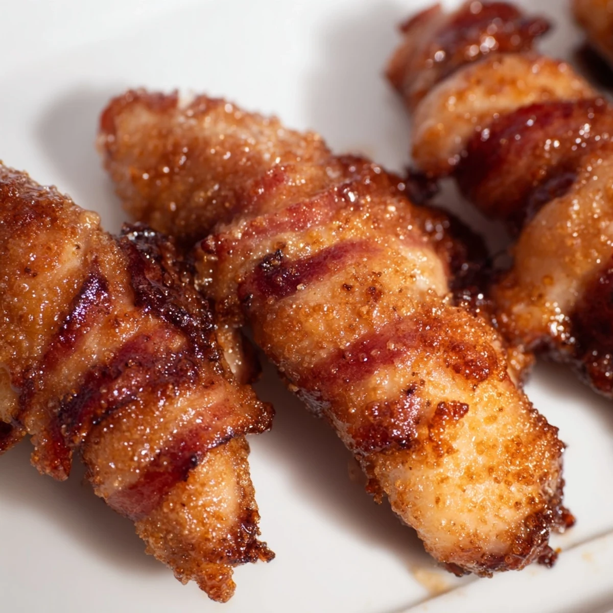 Golden brown bacon wrapped chicken tenders coated in caramelized brown sugar glaze