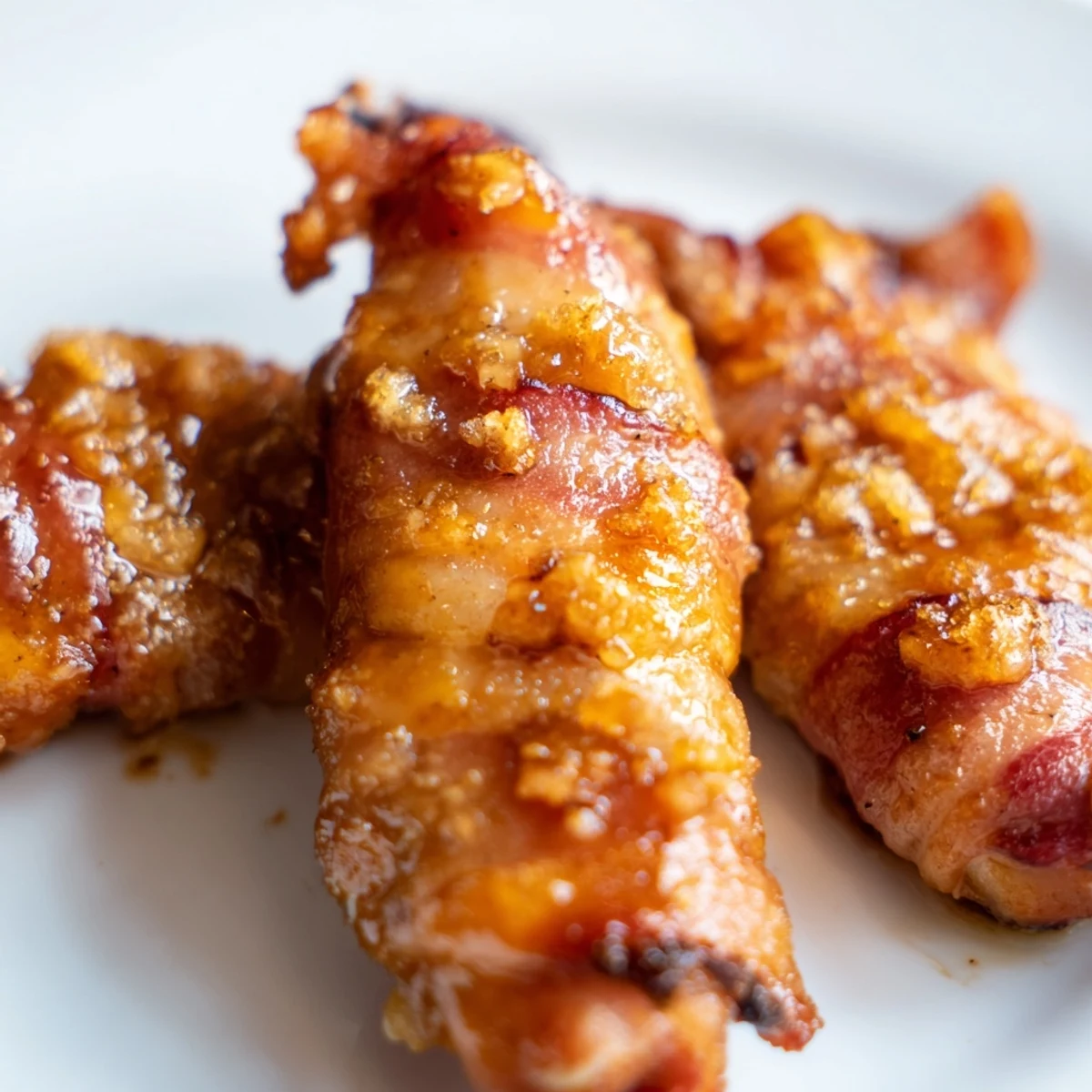 Crispy smoky bacon encrustes juicy chicken tenders with sweet brown sugar coating