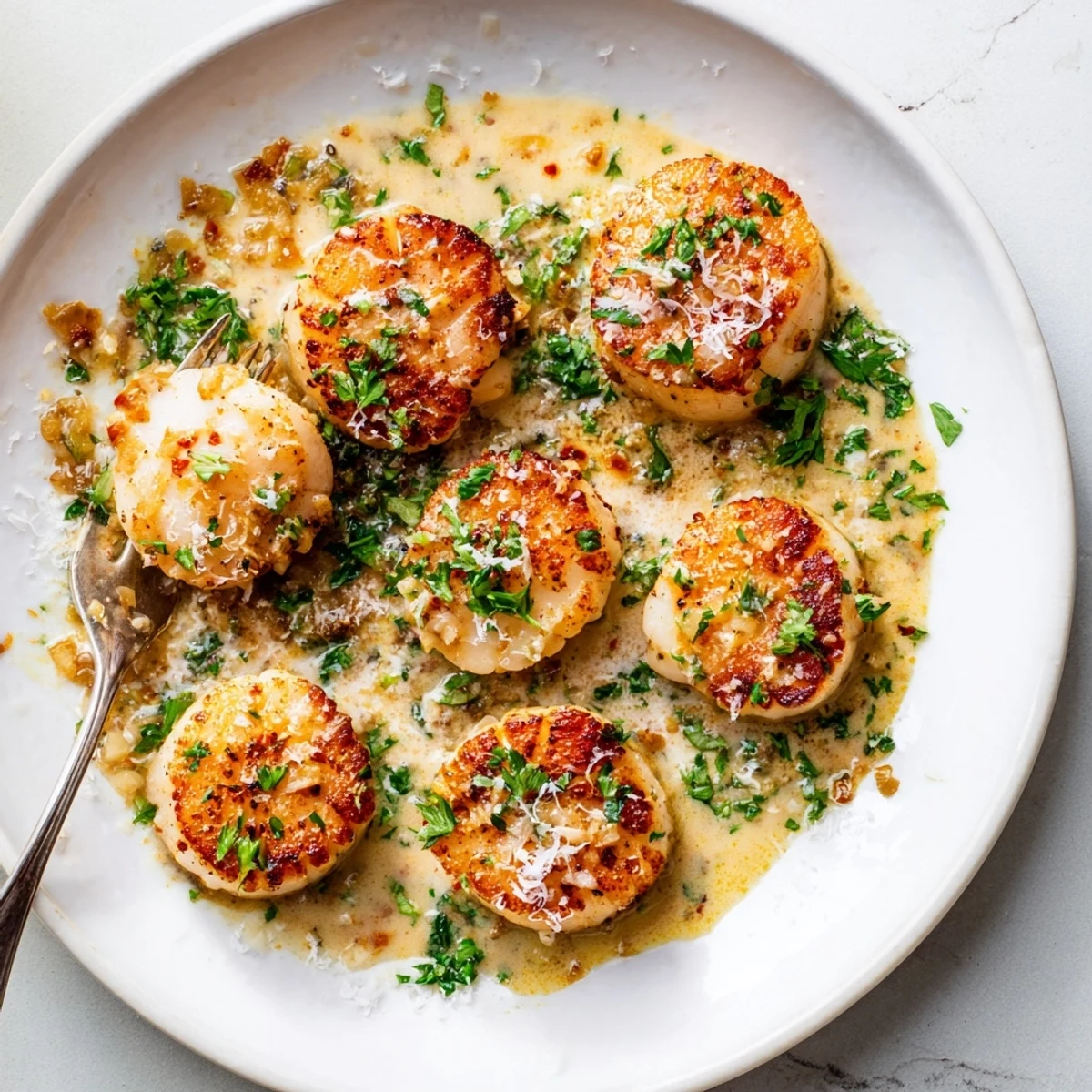 Perfectly seared sea scallops drizzled with creamy Cajun sauce and fresh parsley