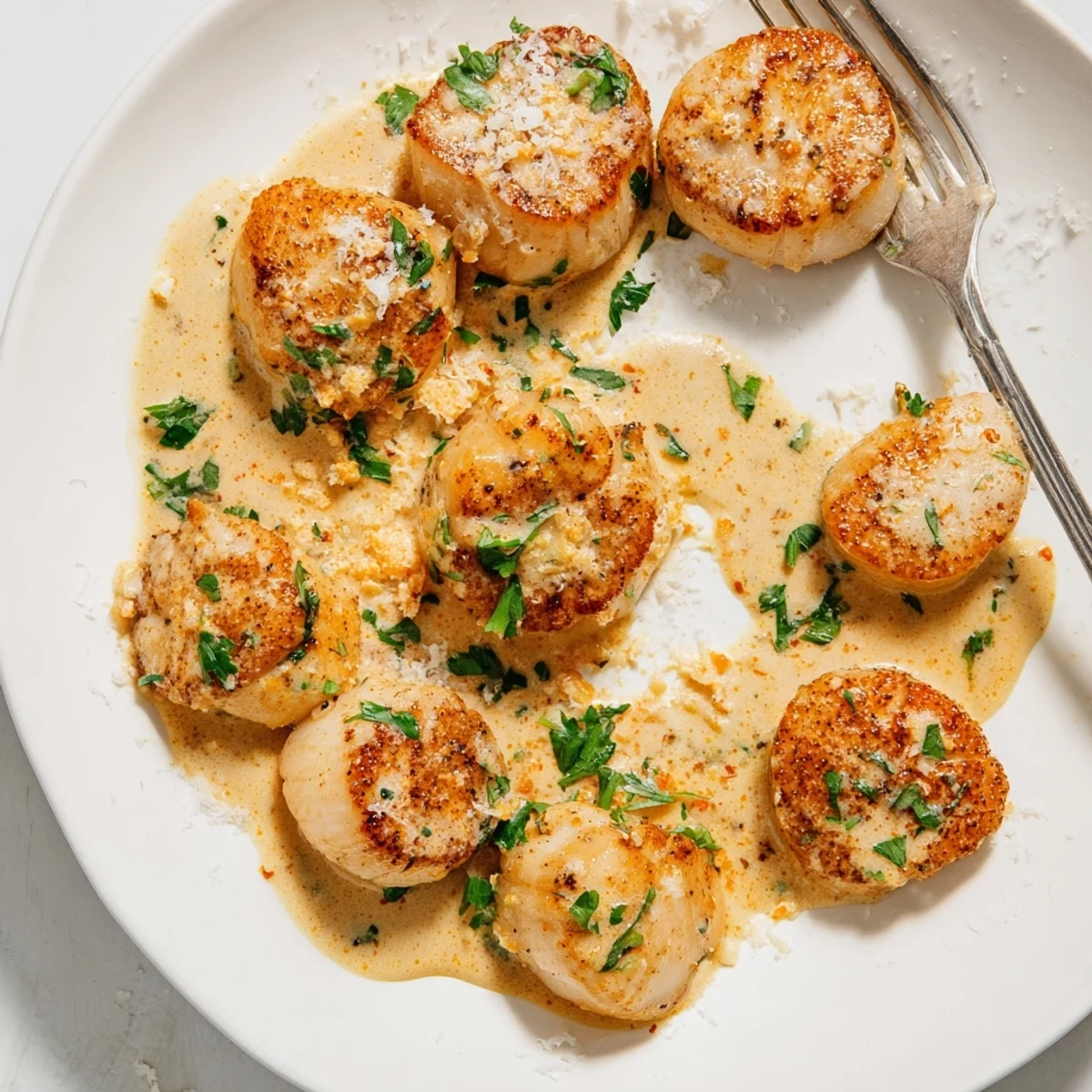 Golden brown seared scallops resting in a rich spicy Cajun cream sauce