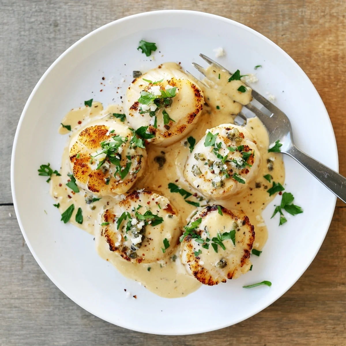 Pan seared scallops topped with spicy Cajun cream sauce and lemon zest garnish