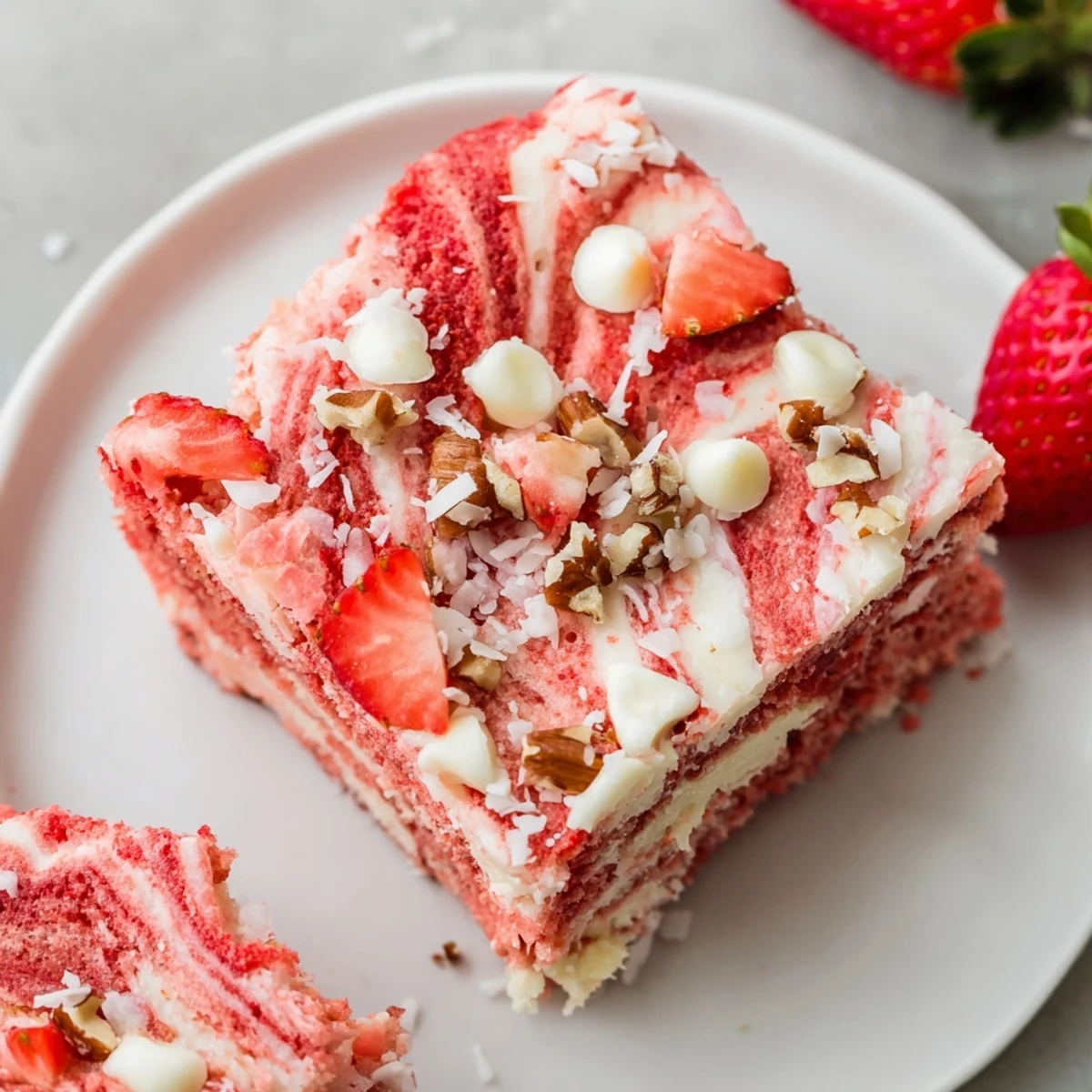 Golden strawberry earthquake cake with swirled cream cheese and white chocolate chips