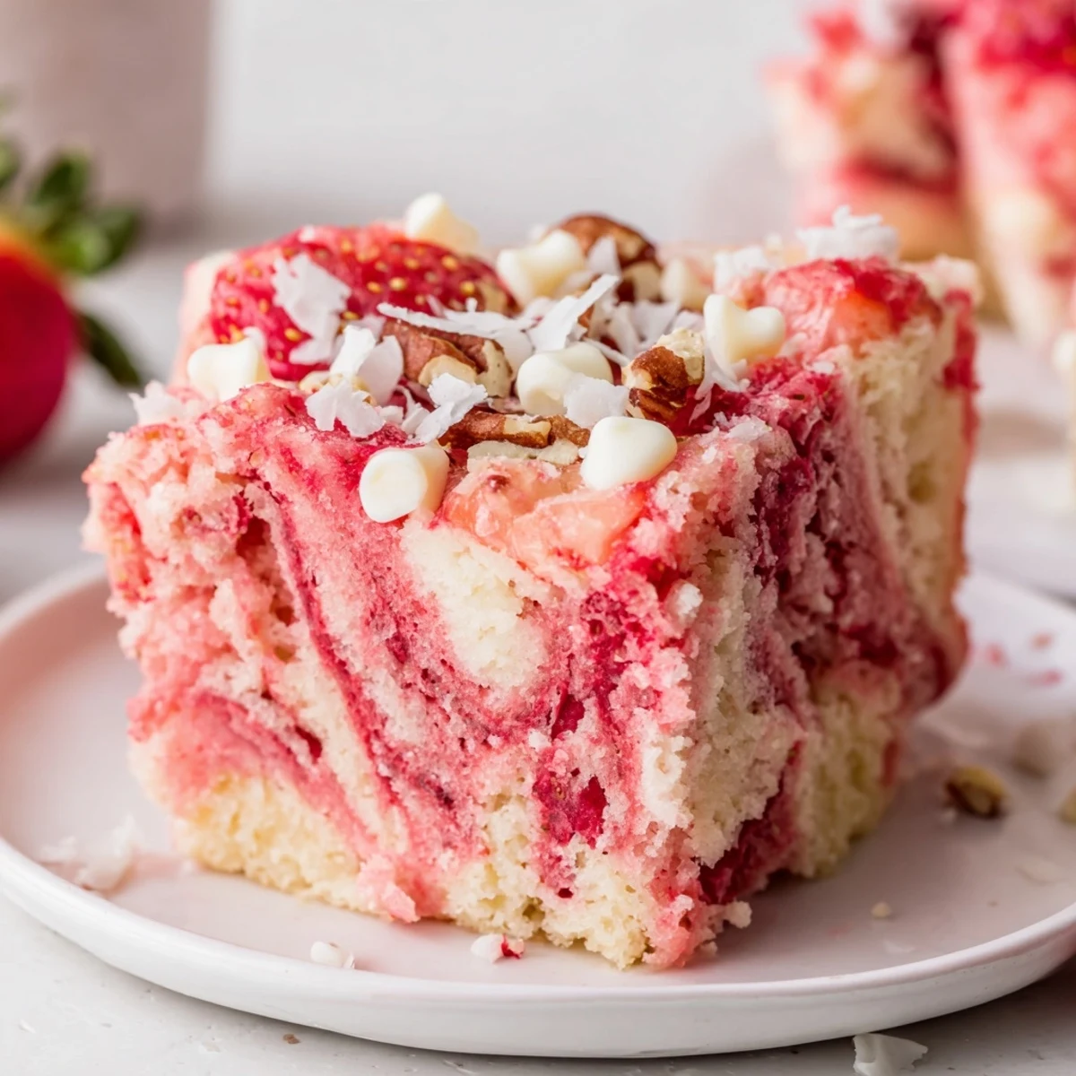 Decadent strawberry earthquake cake topped with fresh berries and coconut in a baking dish