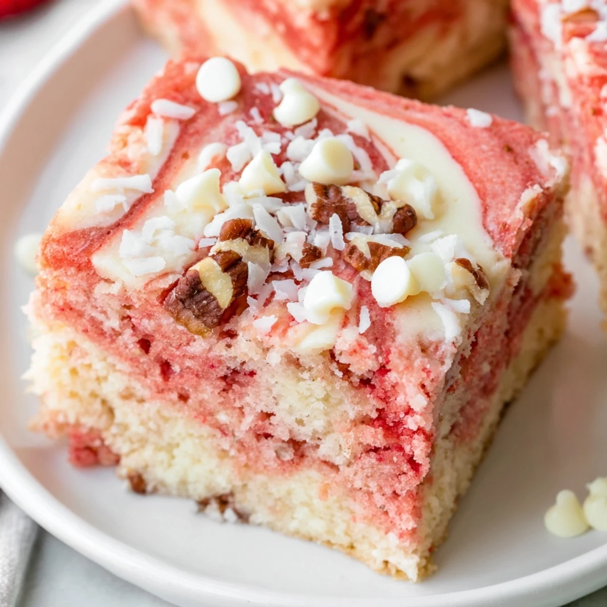 Slice of messy strawberry earthquake cake showing marbled cream cheese and sweet strawberry layers