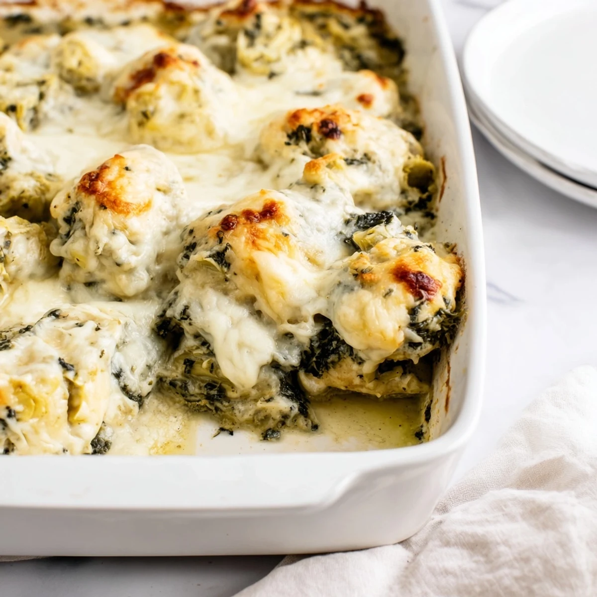 Golden bubbly spinach and artichoke chicken bake fresh from the oven with melted cheese topping