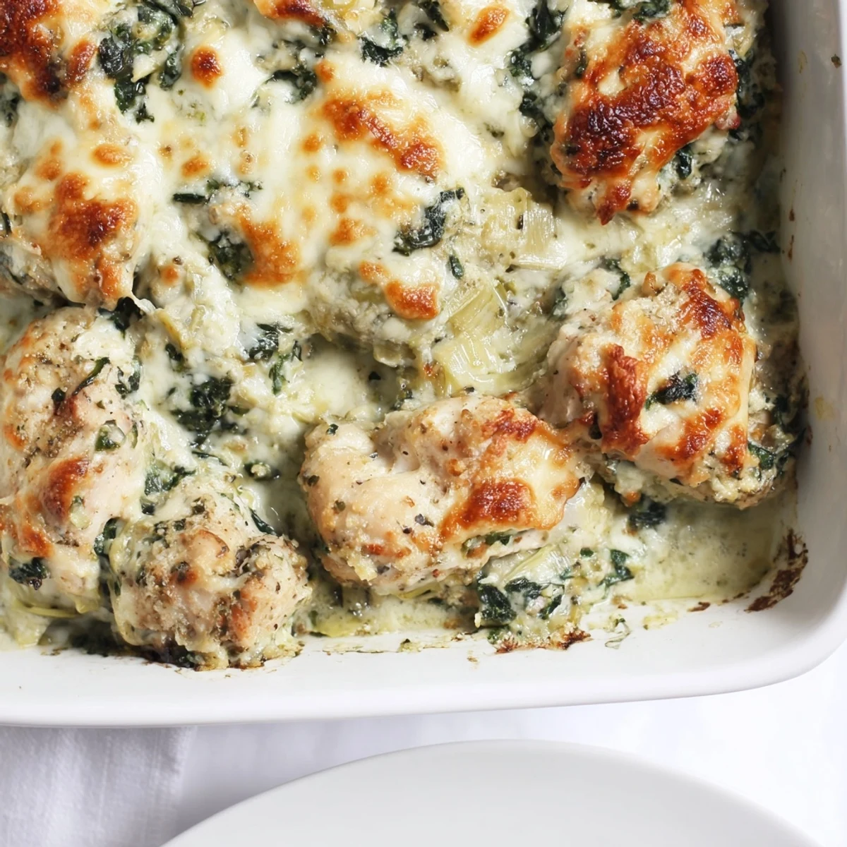 Creamy spinach and artichoke chicken casserole served on white plate with fork ready for dinner