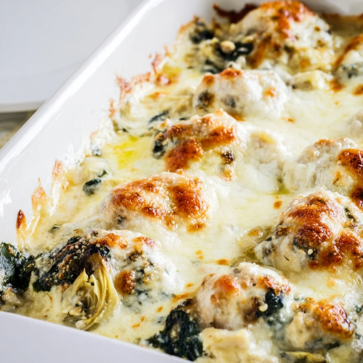 Baked chicken breasts topped with creamy spinach artichoke dip mixture and golden brown mozzarella cheese