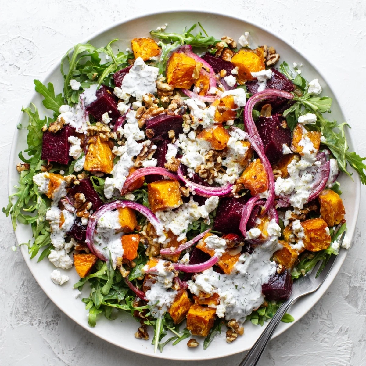 Golden roasted beet salad featuring sweet potato cubes and crumbled feta on a bed of fresh arugula