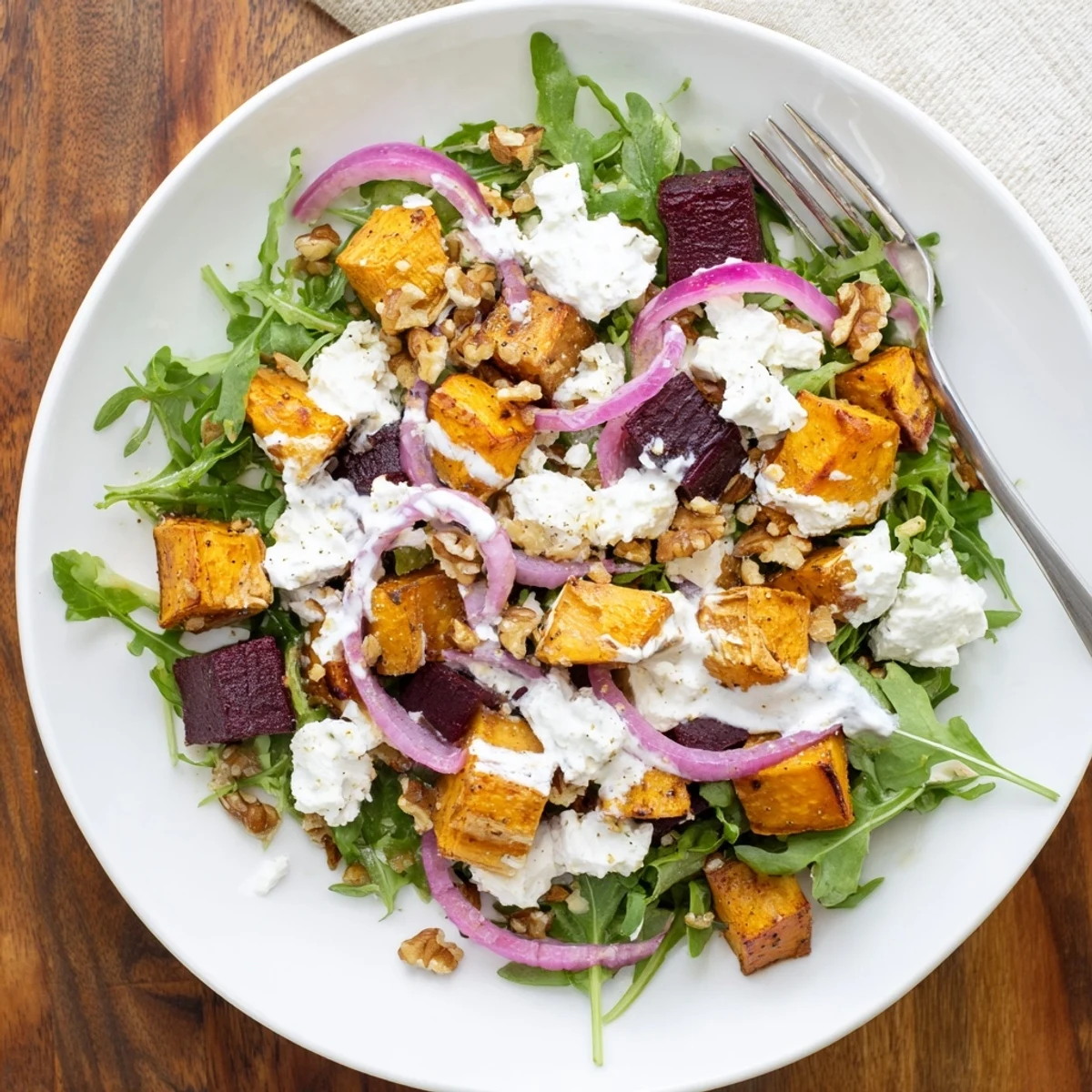 Vibrant vegetarian salad plate with roasted beets, sweet potatoes, walnuts, and creamy yogurt dressing