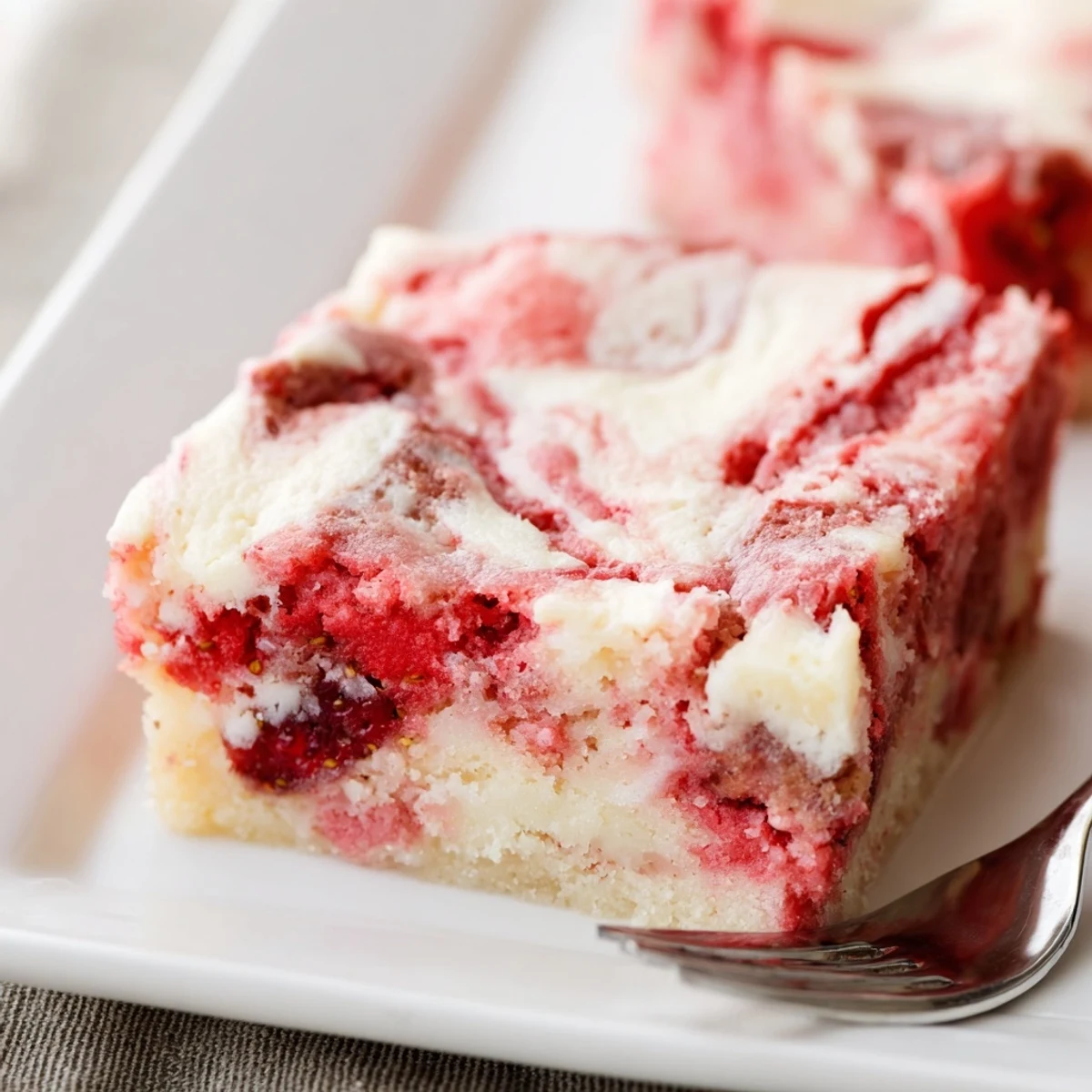 Gooey Strawberry Earthquake Cake with cream cheese swirls, fresh strawberries, and melted white chocolate chips on top