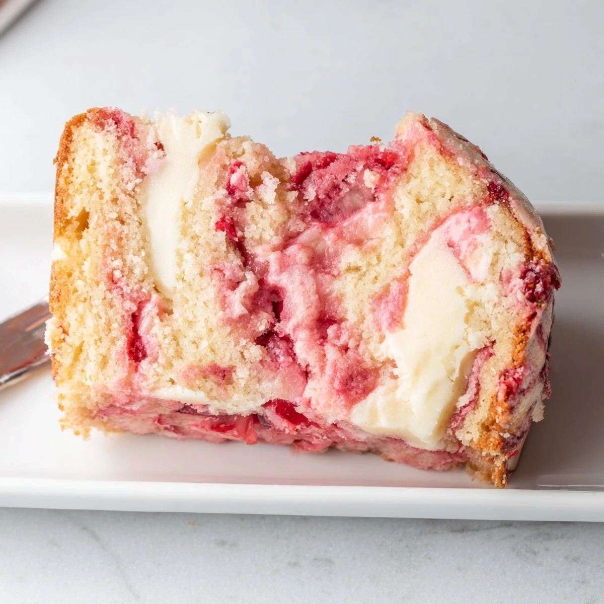 Warm slice of Gooey Strawberry Earthquake Cake showing marbled cream cheese filling and juicy red strawberry pieces