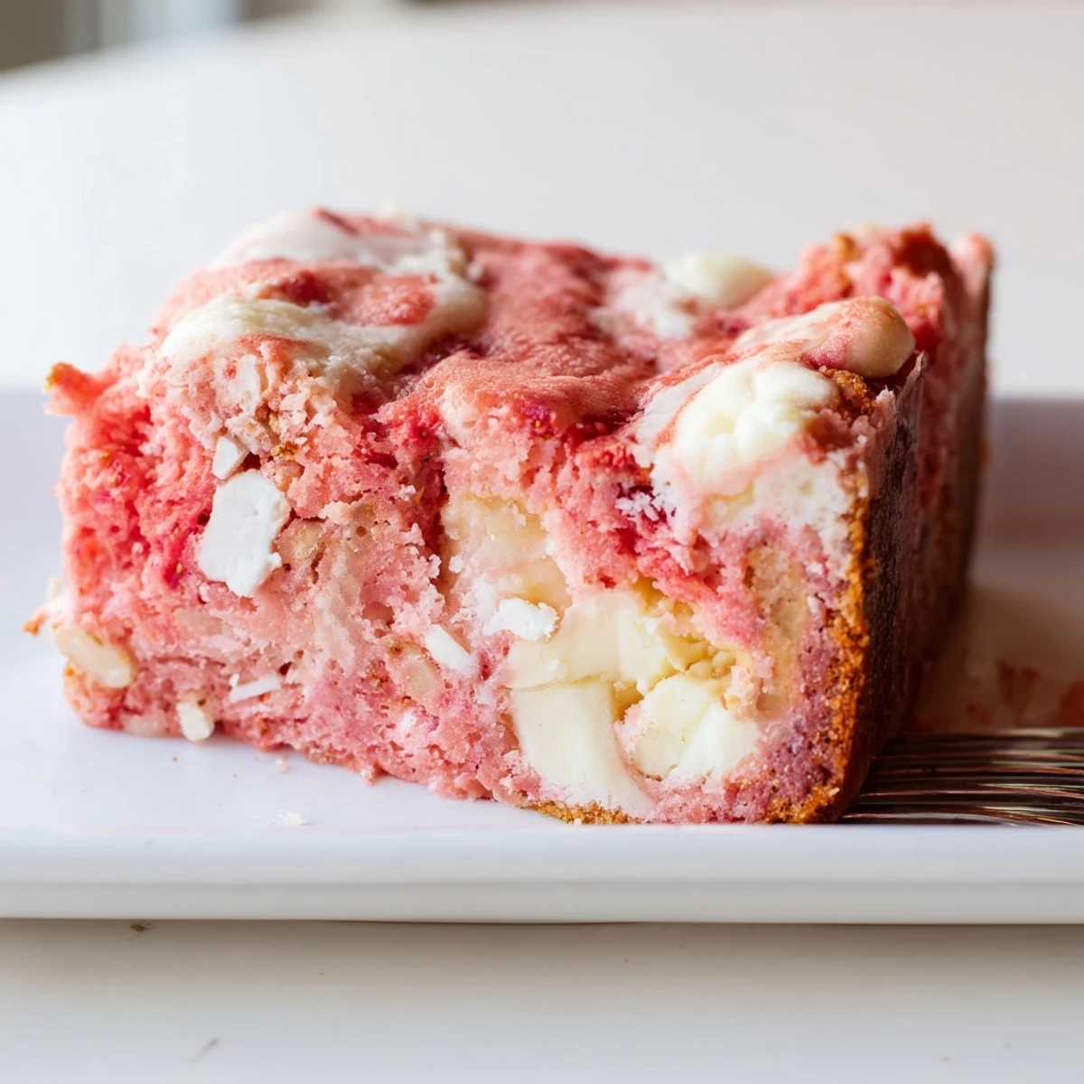 Homemade Gooey Strawberry Earthquake Cake topped with fresh diced strawberries and creamy white chocolate swirls in a baking dish