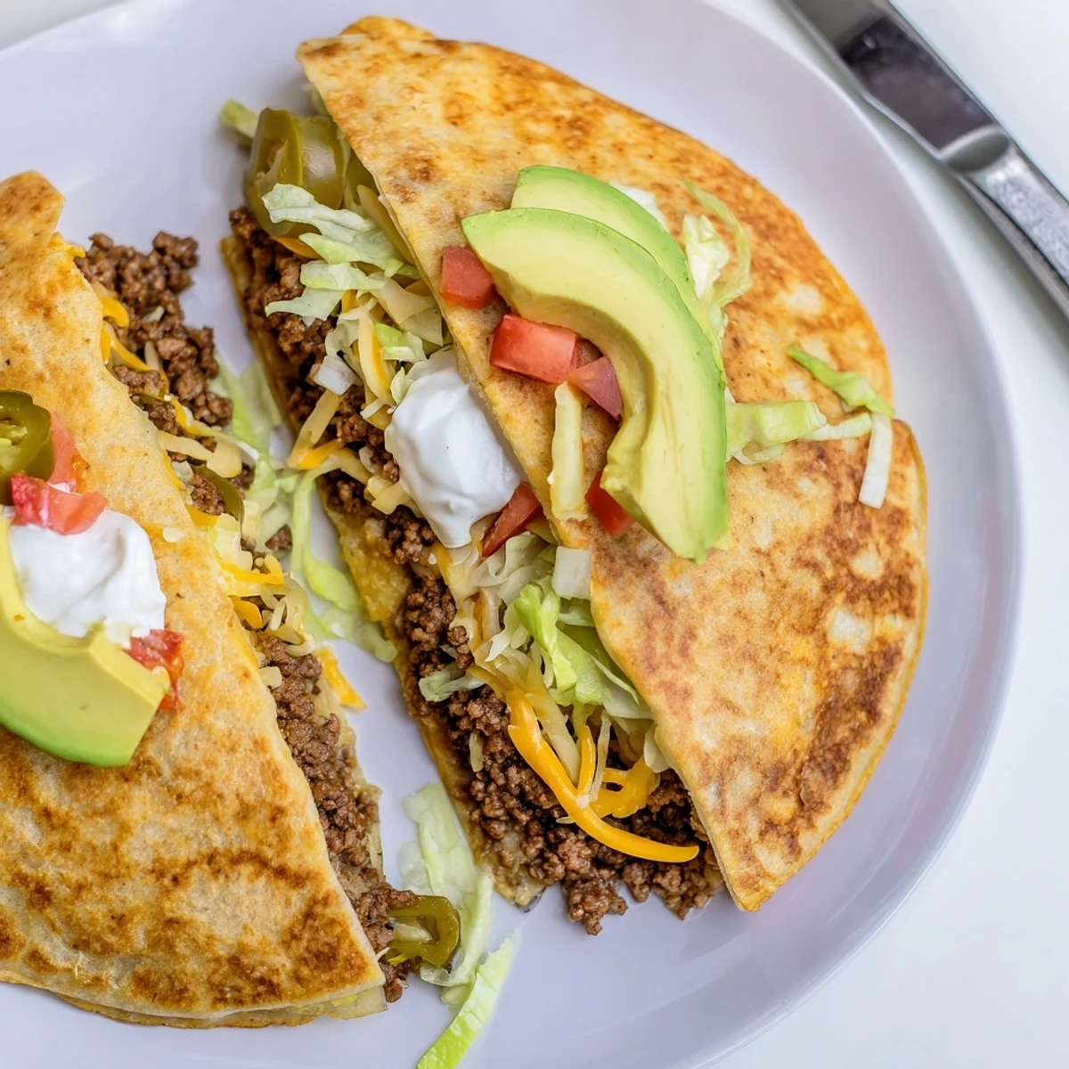Golden crispy keto crunchwrap filled with seasoned beef, melted cheddar, and fresh vegetables
