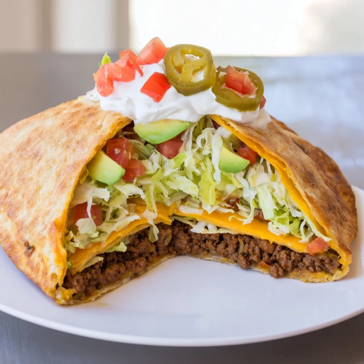 Savory keto crunchwrap supreme with layers of meat, lettuce, tomatoes, sour cream, and avocado