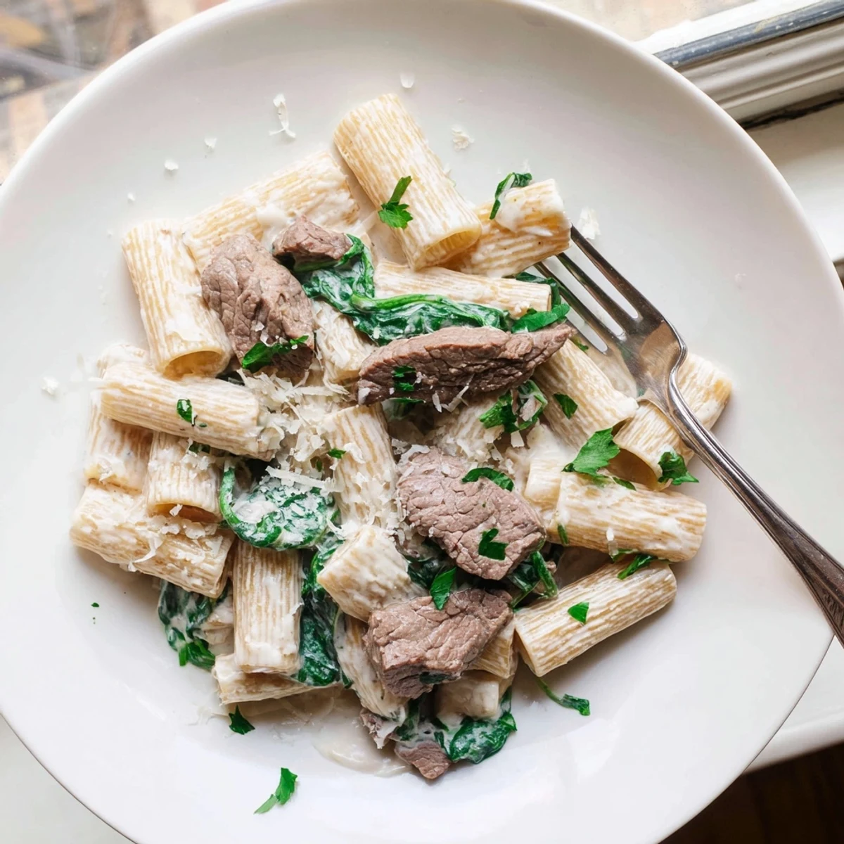 Bowl of creamy high protein beef pasta tossed with velvety sauce and topped with fresh parsley.
