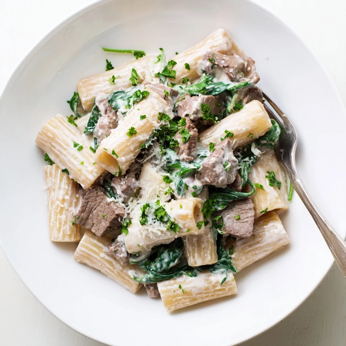 Creamy high protein beef pasta featuring tender sliced steak in a rich white sauce with wilted spinach.