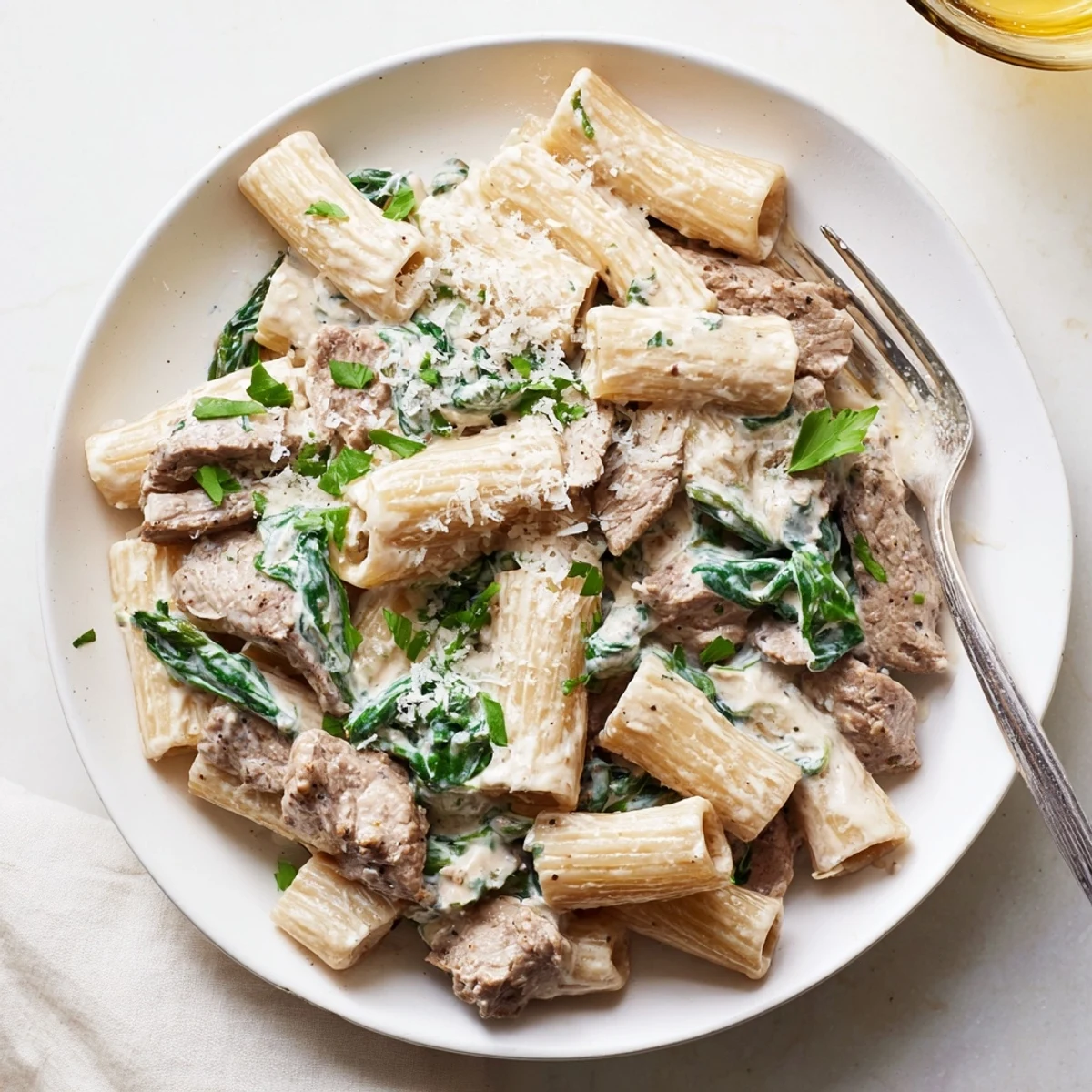 Savory creamy high protein beef pasta with al dente noodles and tender beef strips in a smooth white sauce.