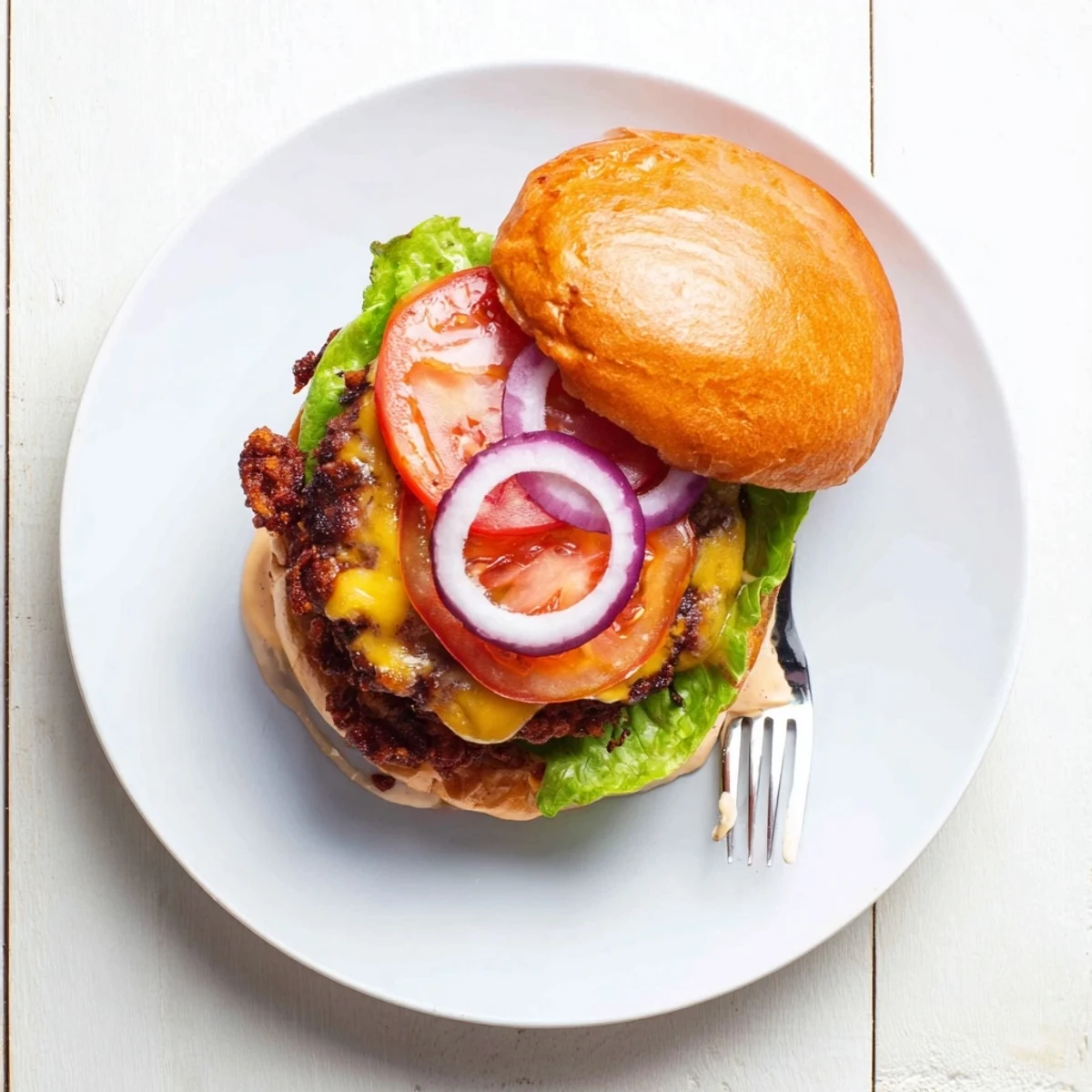 Golden brown smash burger with melted American cheese and fresh toppings on toasted bun