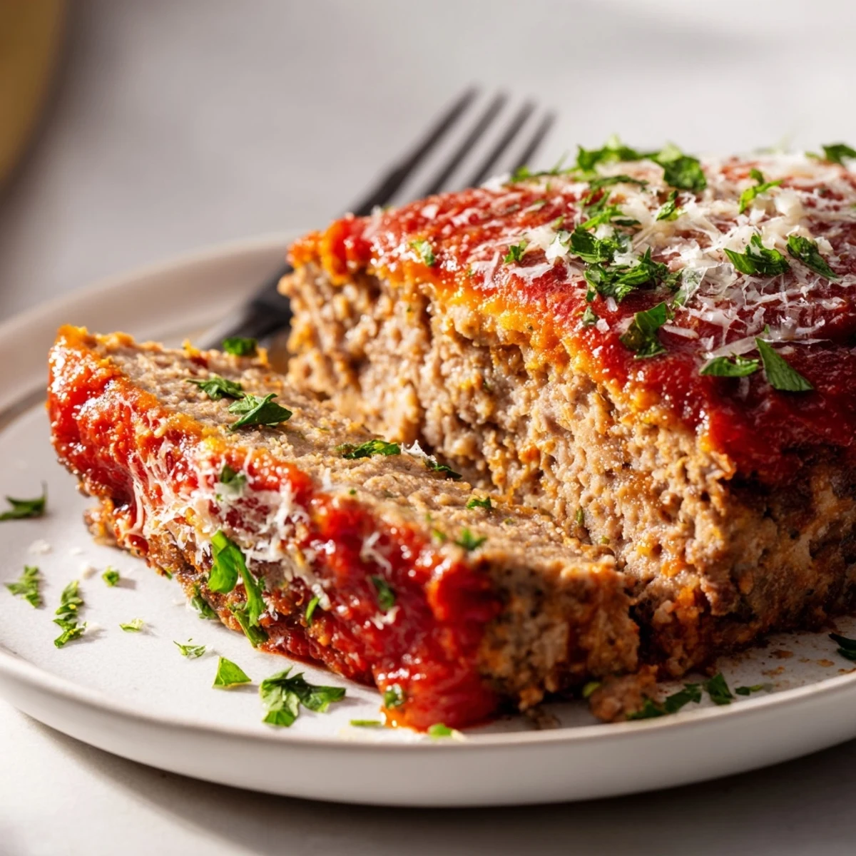 Savory meatloaf sliced showing tender texture with visible Parmesan and fresh parsley garnish