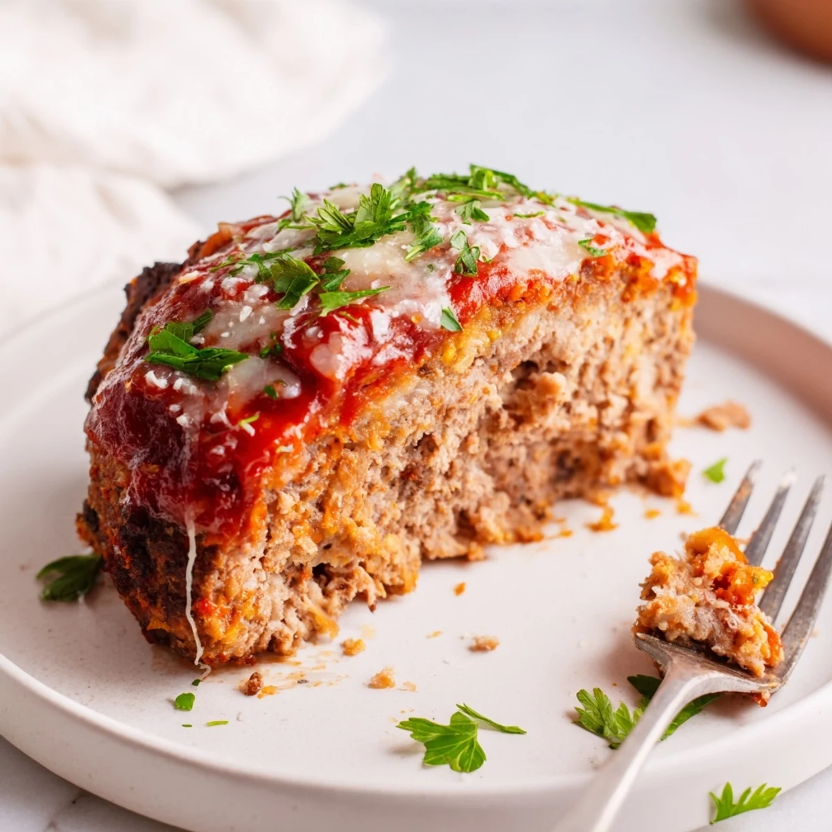 Golden brown garlic Parmesan meatloaf glazed with ketchup and topped with melted cheese
