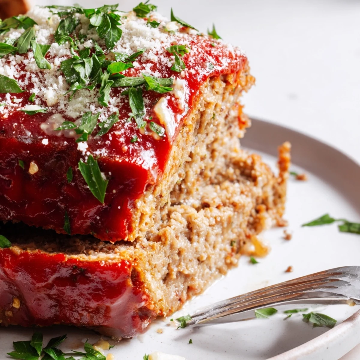 Baked meatloaf with ketchup glaze served alongside creamy mashed potatoes on white dinner plate
