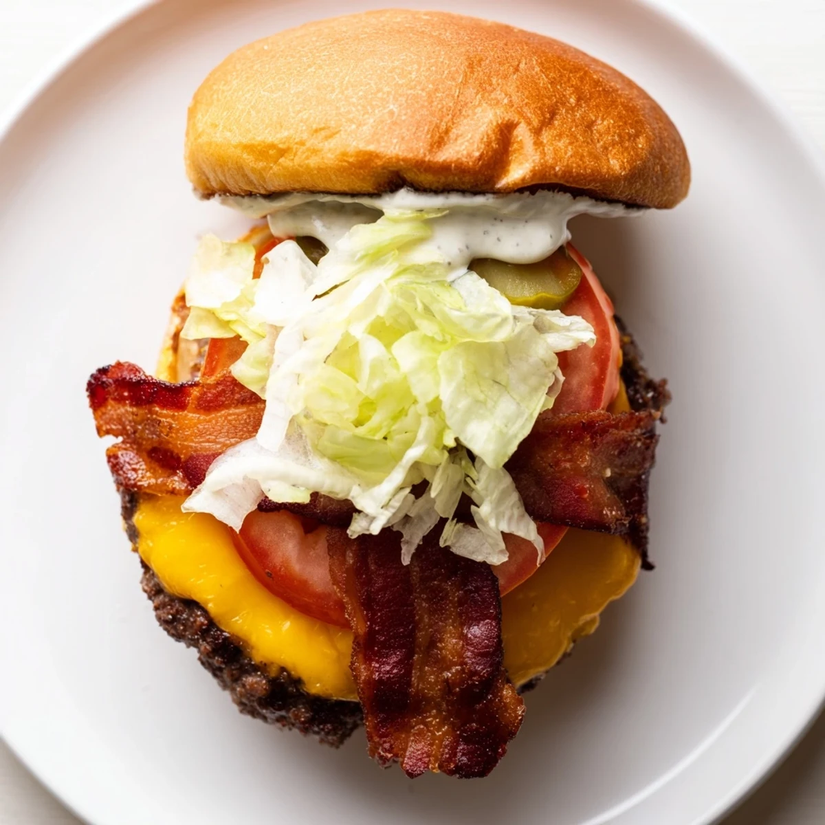 Juicy Crack Burgers stacked with crispy bacon, melted cheddar, and tangy ranch-mayo sauce on toasted brioche buns