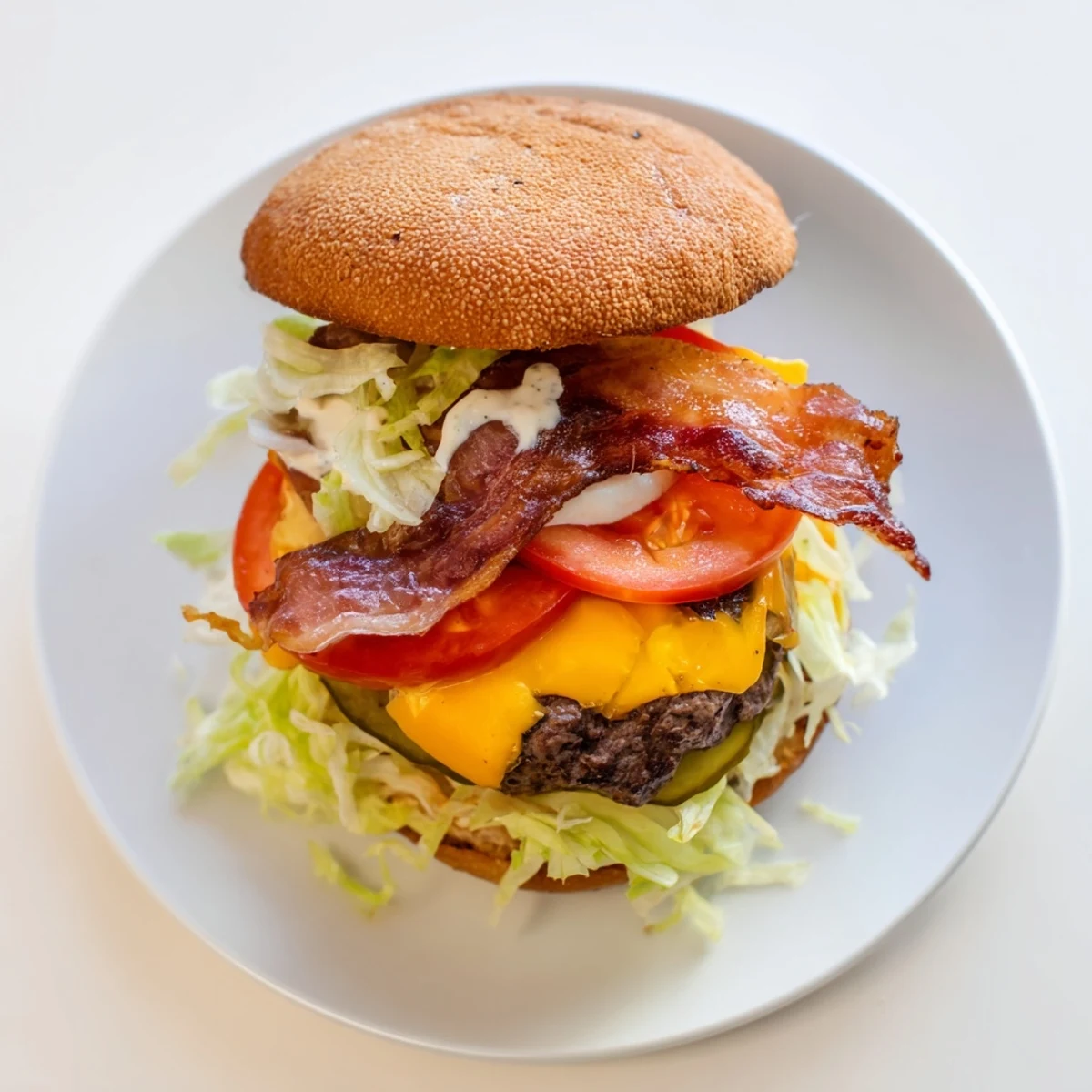 Homemade Crack Burgers featuring cheesy beef patties topped with bacon and fresh lettuce, tomato, and pickles