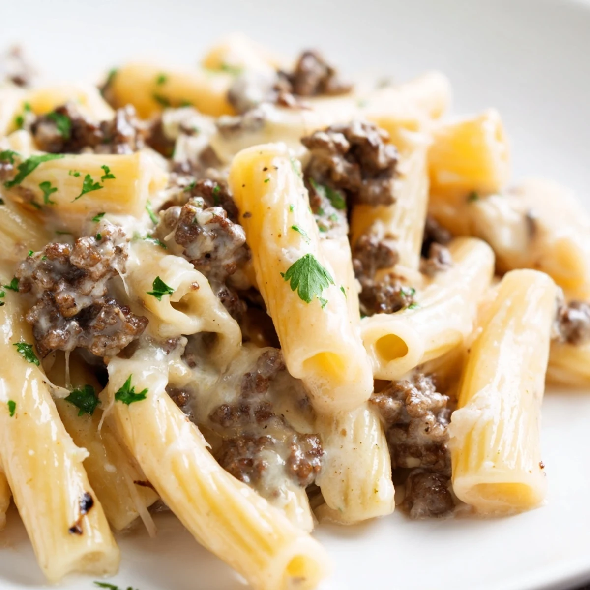 Creamy beef pasta topped with Parmesan and fresh parsley in a white bowl
